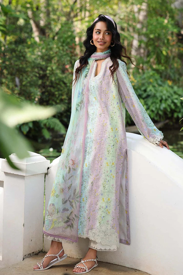 QALAMQAR-3PC LAWN PRINTED EMB SHIRT WITH SILK PRINTED DUPATTA AND TROUSER-UR-057
