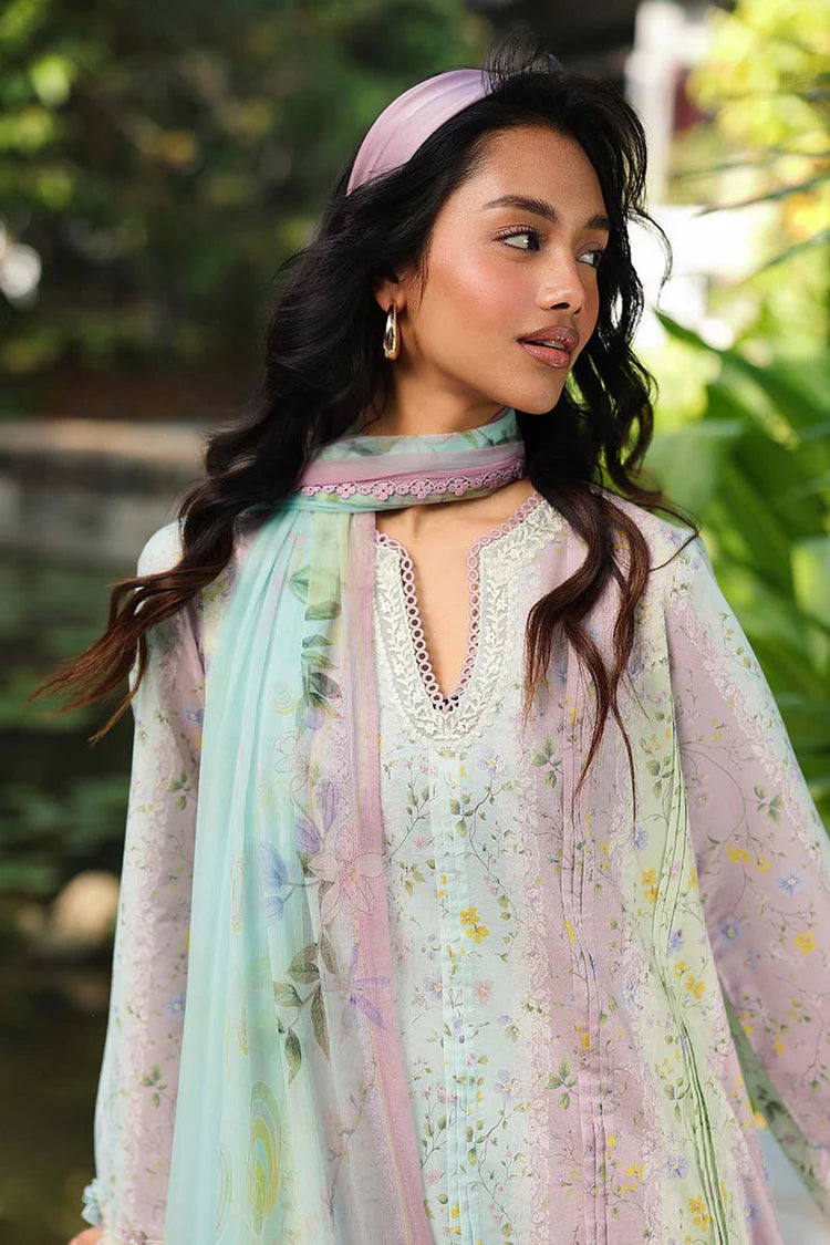 QALAMQAR-3PC LAWN PRINTED EMB SHIRT WITH SILK PRINTED DUPATTA AND TROUSER-UR-057