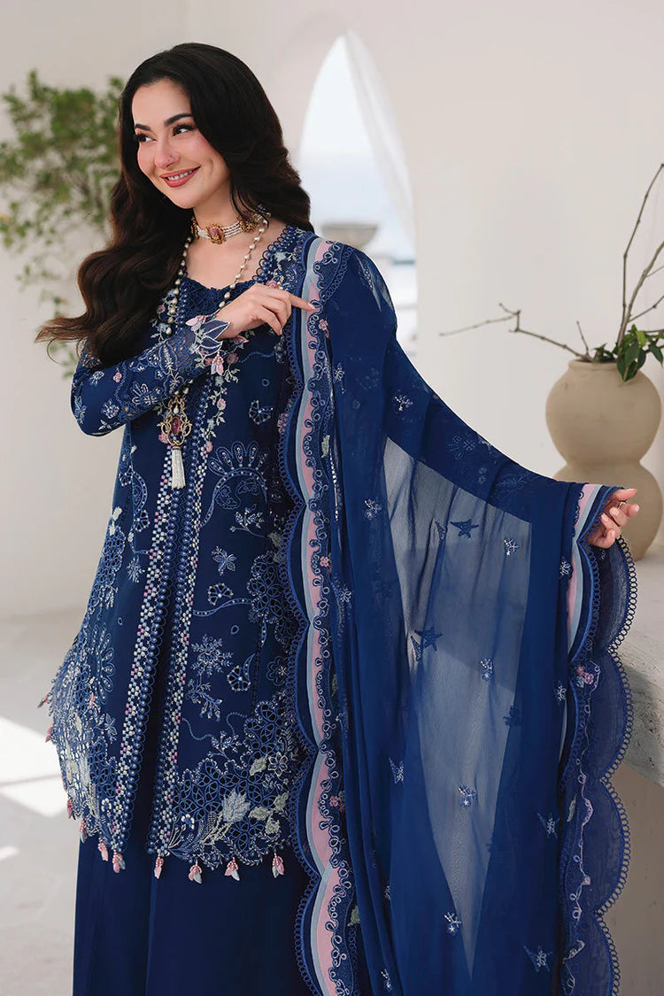 QALAMQAR-3PC LAWN CHIKAN EMBROIDERED SHIRT WITH KHAADI NET EMBROIDERED DUPATTA AND EMB TROUSER-UR-3540