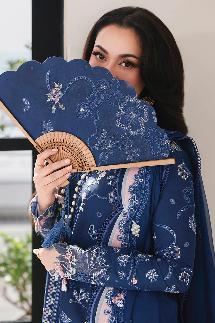 QALAMQAR-3PC LAWN CHIKAN EMBROIDERED SHIRT WITH KHAADI NET EMBROIDERED DUPATTA AND EMB TROUSER-UR-3540