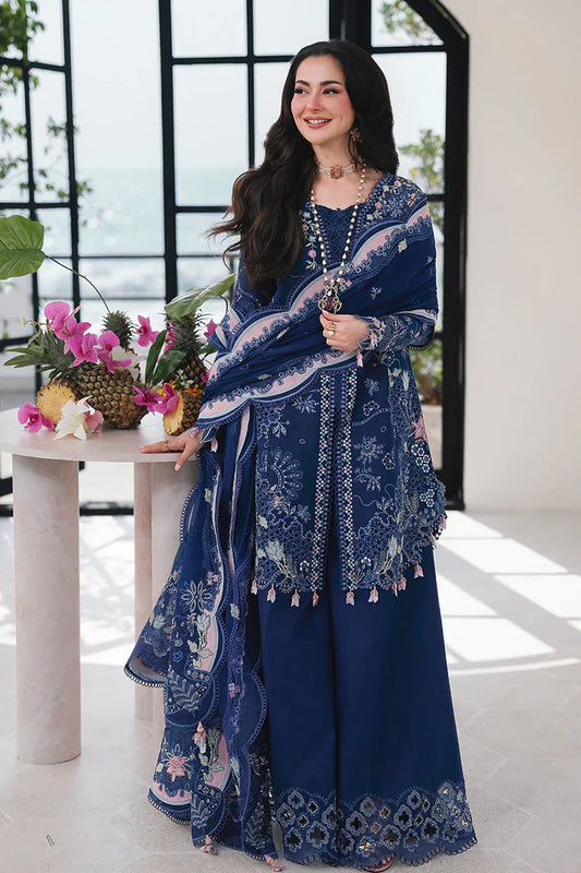 QALAMQAR-3PC LAWN CHIKAN EMBROIDERED SHIRT WITH KHAADI NET EMBROIDERED DUPATTA AND EMB TROUSER-UR-3540