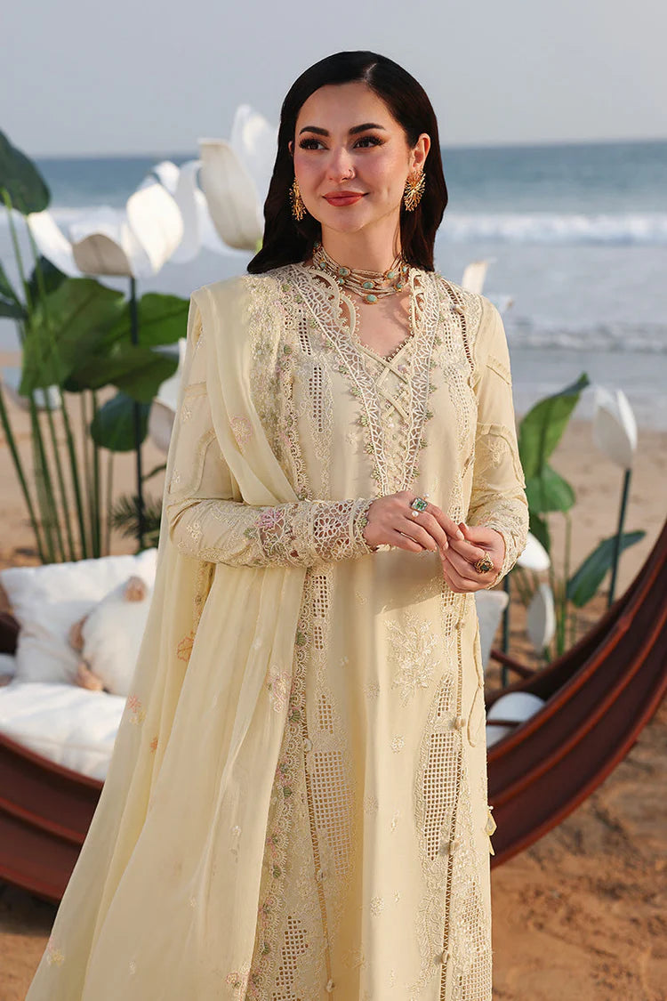 QALAMQAR-3PC LAWN LASERCUTWORK EMBROIDERED SHIRT WITH KHAADI NET EMBROIDERED DUPATTA AND TROUSER-UR-3649