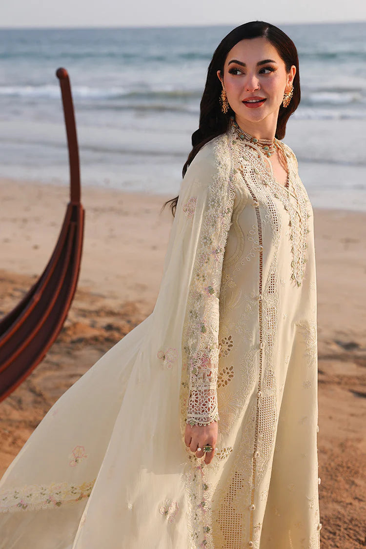 QALAMQAR-3PC LAWN LASERCUTWORK EMBROIDERED SHIRT WITH KHAADI NET EMBROIDERED DUPATTA AND TROUSER-UR-3649
