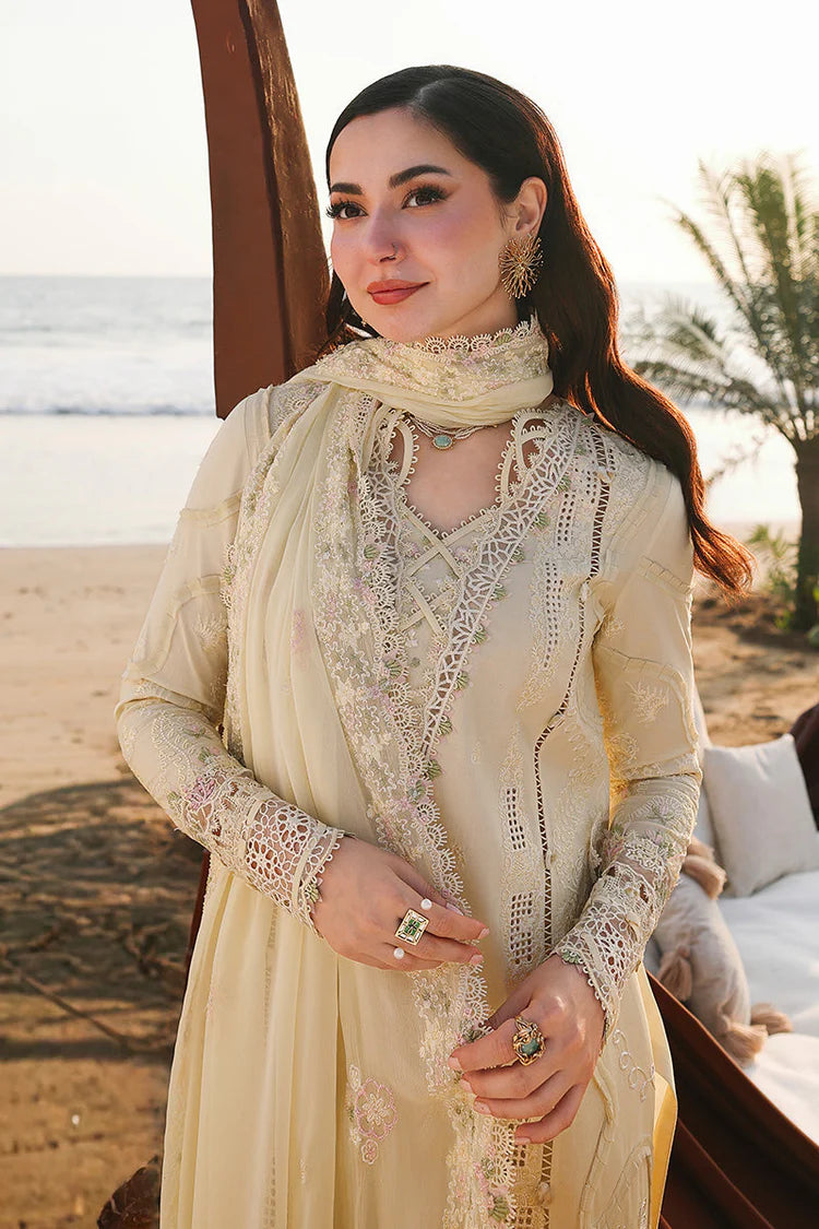 QALAMQAR-3PC LAWN LASERCUTWORK EMBROIDERED SHIRT WITH KHAADI NET EMBROIDERED DUPATTA AND TROUSER-UR-3649