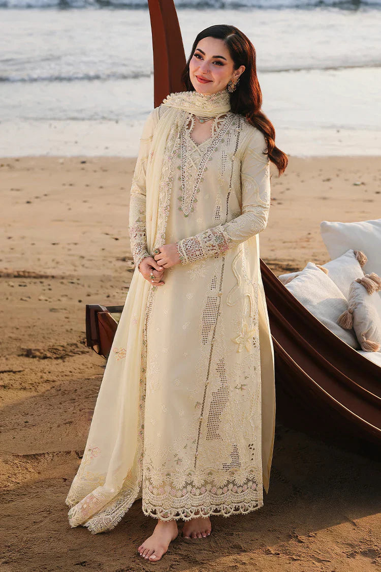 QALAMQAR-3PC LAWN LASERCUTWORK EMBROIDERED SHIRT WITH KHAADI NET EMBROIDERED DUPATTA AND TROUSER-UR-3649