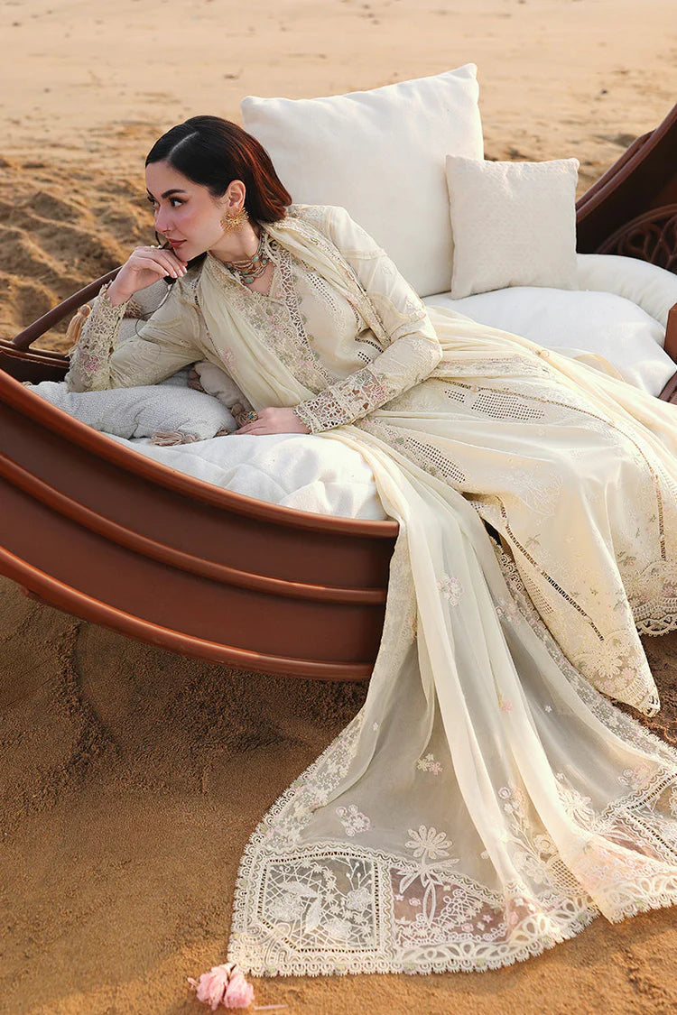 QALAMQAR-3PC LAWN LASERCUTWORK EMBROIDERED SHIRT WITH KHAADI NET EMBROIDERED DUPATTA AND TROUSER-UR-3649