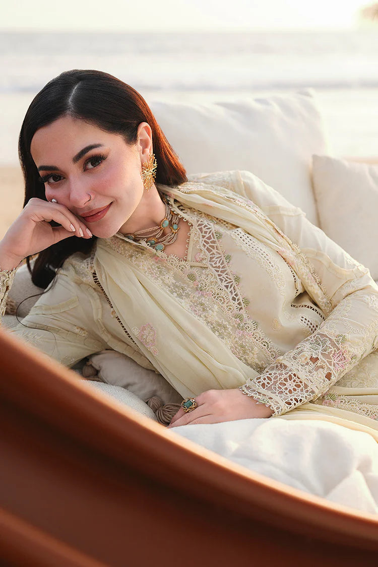 QALAMQAR-3PC LAWN LASERCUTWORK EMBROIDERED SHIRT WITH KHAADI NET EMBROIDERED DUPATTA AND TROUSER-UR-3649