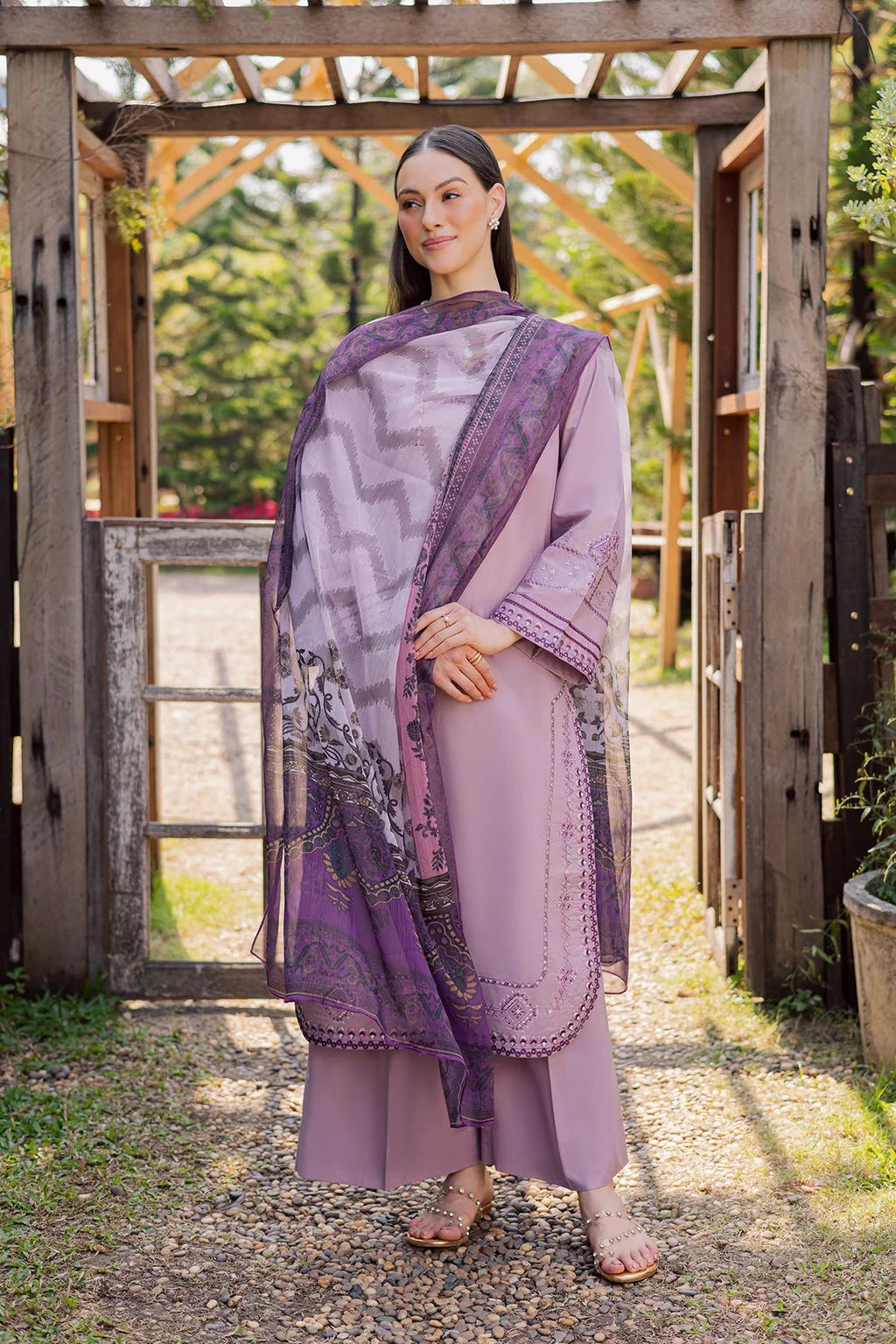 GARNET-3PIECE LAWN EMBROIDERED SHIRT WITH CHIFFON PRINTED DUPATTA AND TROUSER-UR-4591