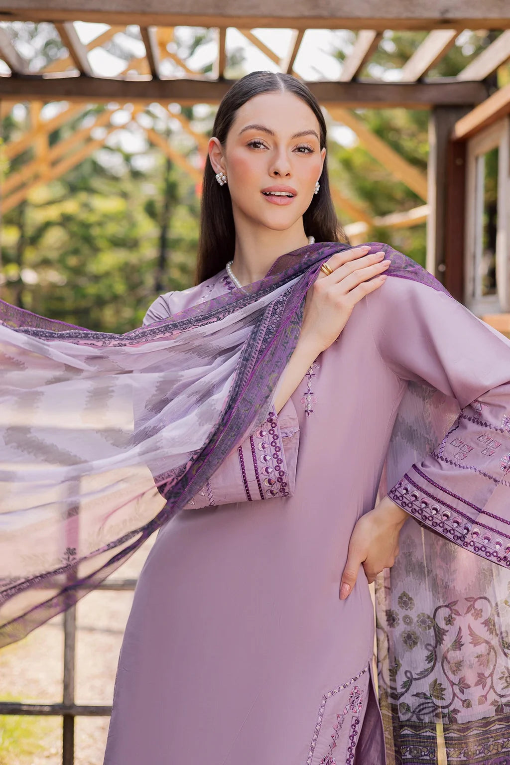 GARNET-3PIECE LAWN EMBROIDERED SHIRT WITH CHIFFON PRINTED DUPATTA AND TROUSER-UR-4591