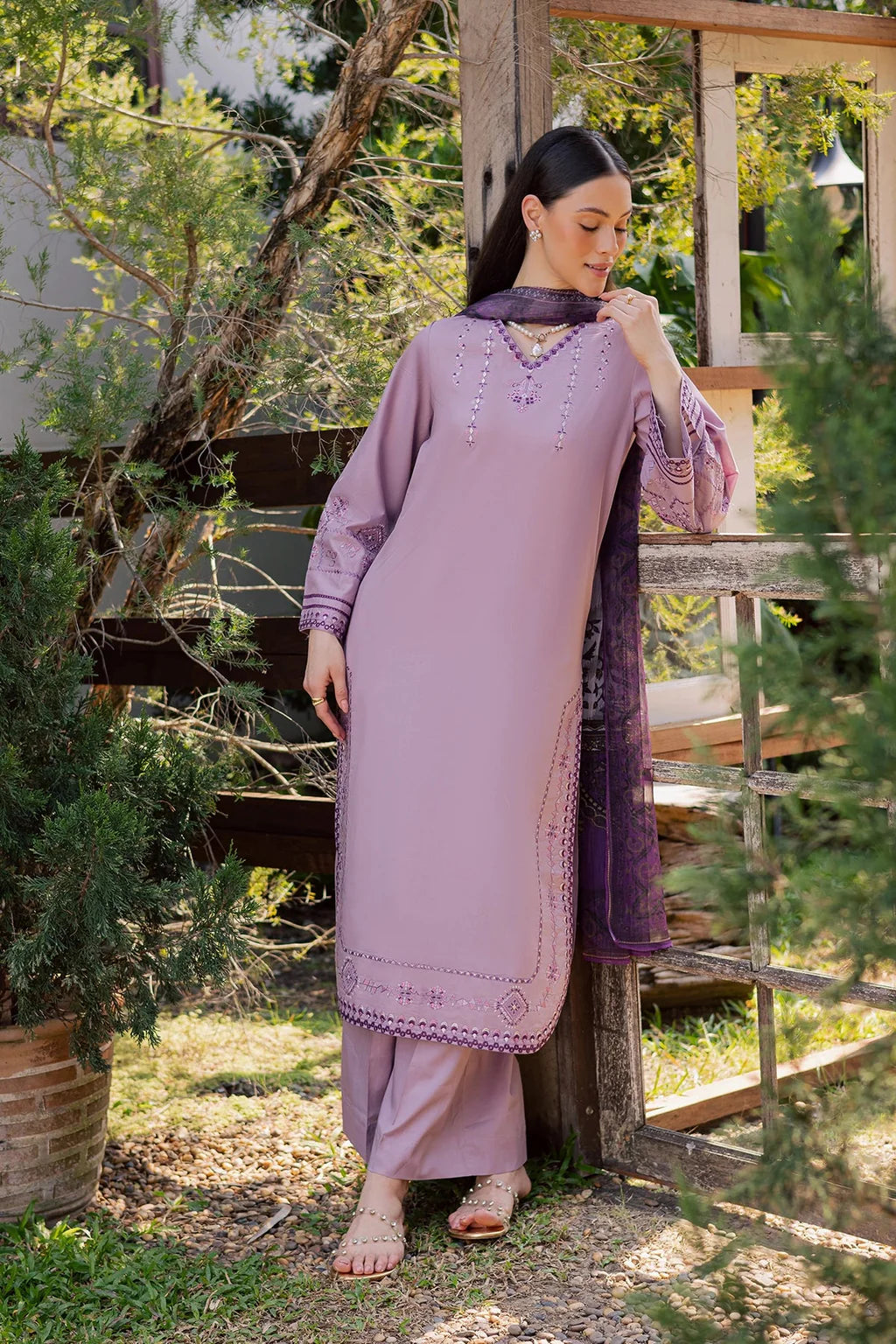 GARNET-3PIECE LAWN EMBROIDERED SHIRT WITH CHIFFON PRINTED DUPATTA AND TROUSER-UR-4591