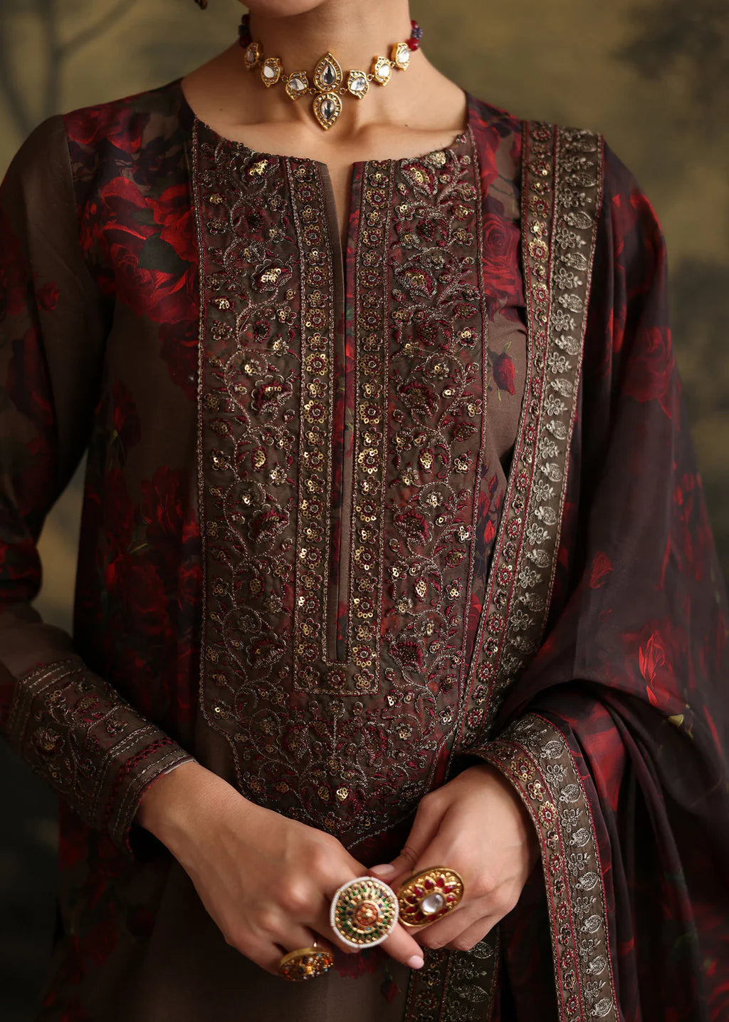 ZAINAB CHOTANI-3PC SHAMOZE SILK PRINTED EMBROIDERED SHIRT WITH SOFT SILK PRINTED EMB DUPATTA & EMB TROUSER-UR-2744