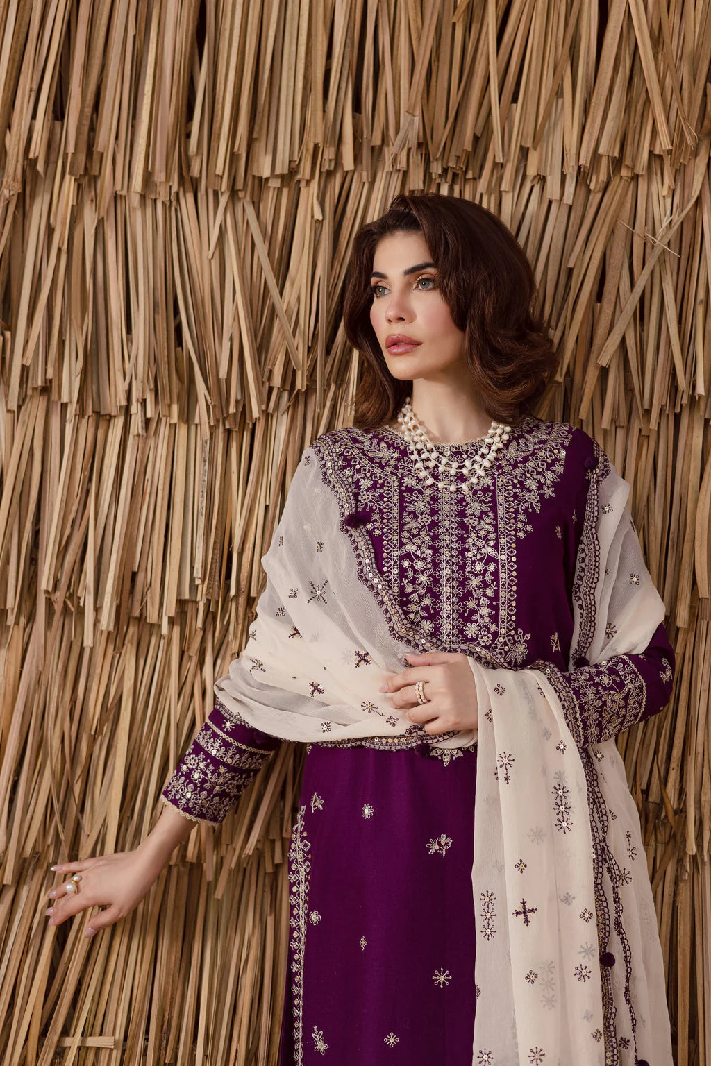 BATIK-3PC DHANAK EMBROIDERED SHIRT WITH DHANAK EMBROIDERED SHAWL AND TROUSER-UR-4145