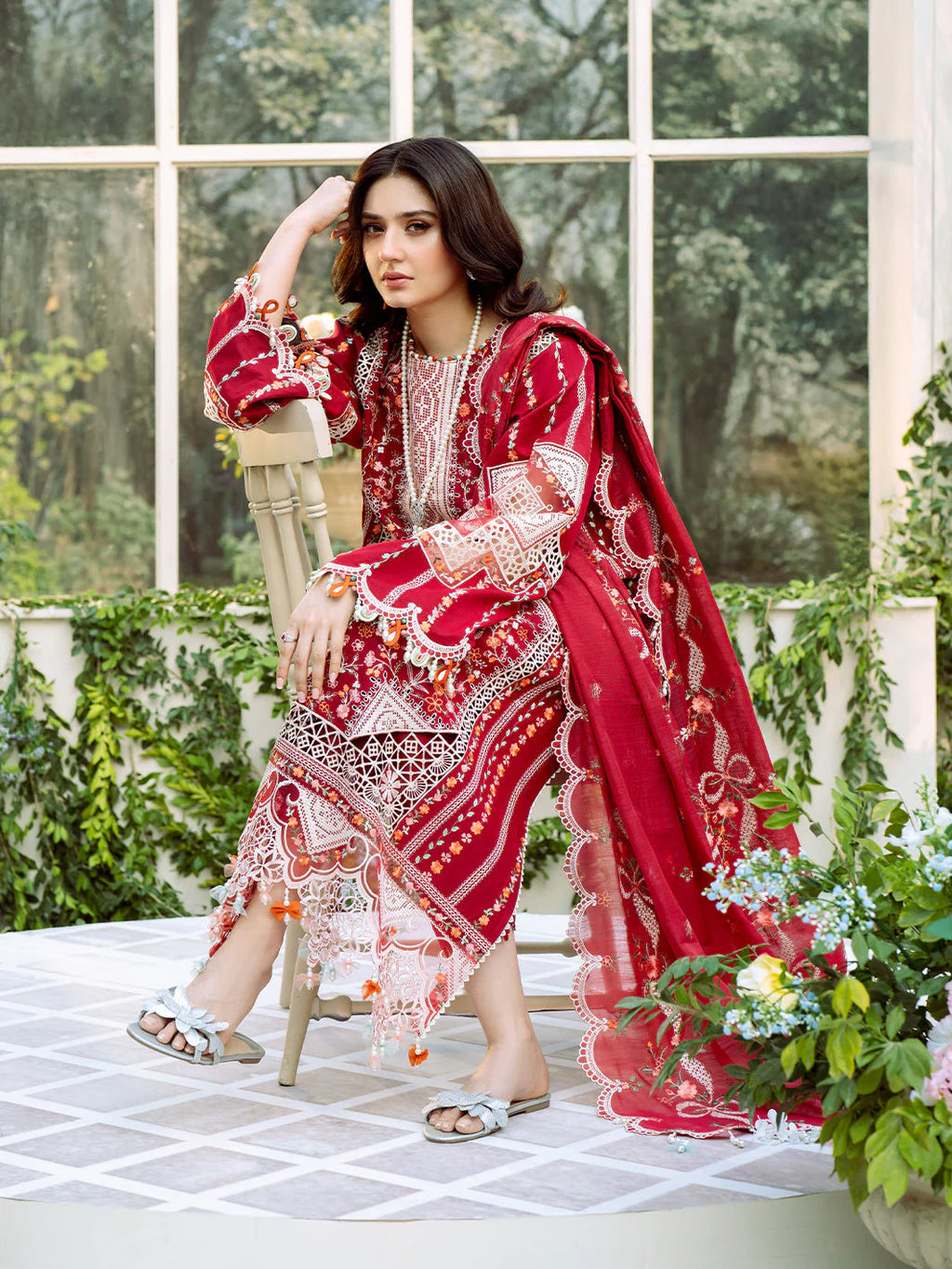 BIN ILYAS-3PC LAWN HEAVY EMBROIDERED SHIRT WITH KHADDI NET EMBROIDERED DUPATTA & LAWN TOUSER-UR-3628