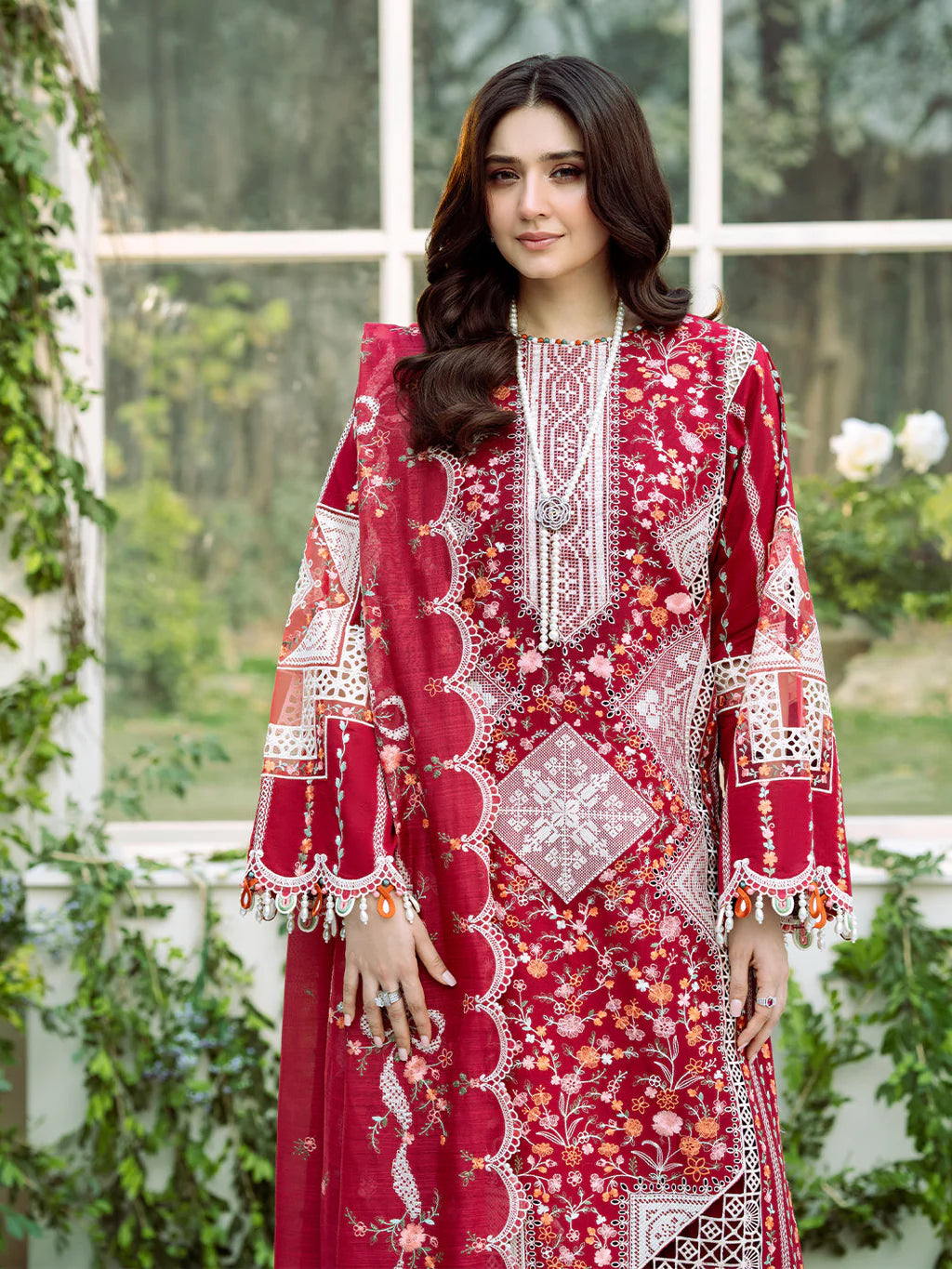 BIN ILYAS-3PC LAWN HEAVY EMBROIDERED SHIRT WITH KHADDI NET EMBROIDERED DUPATTA & LAWN TOUSER-UR-3628