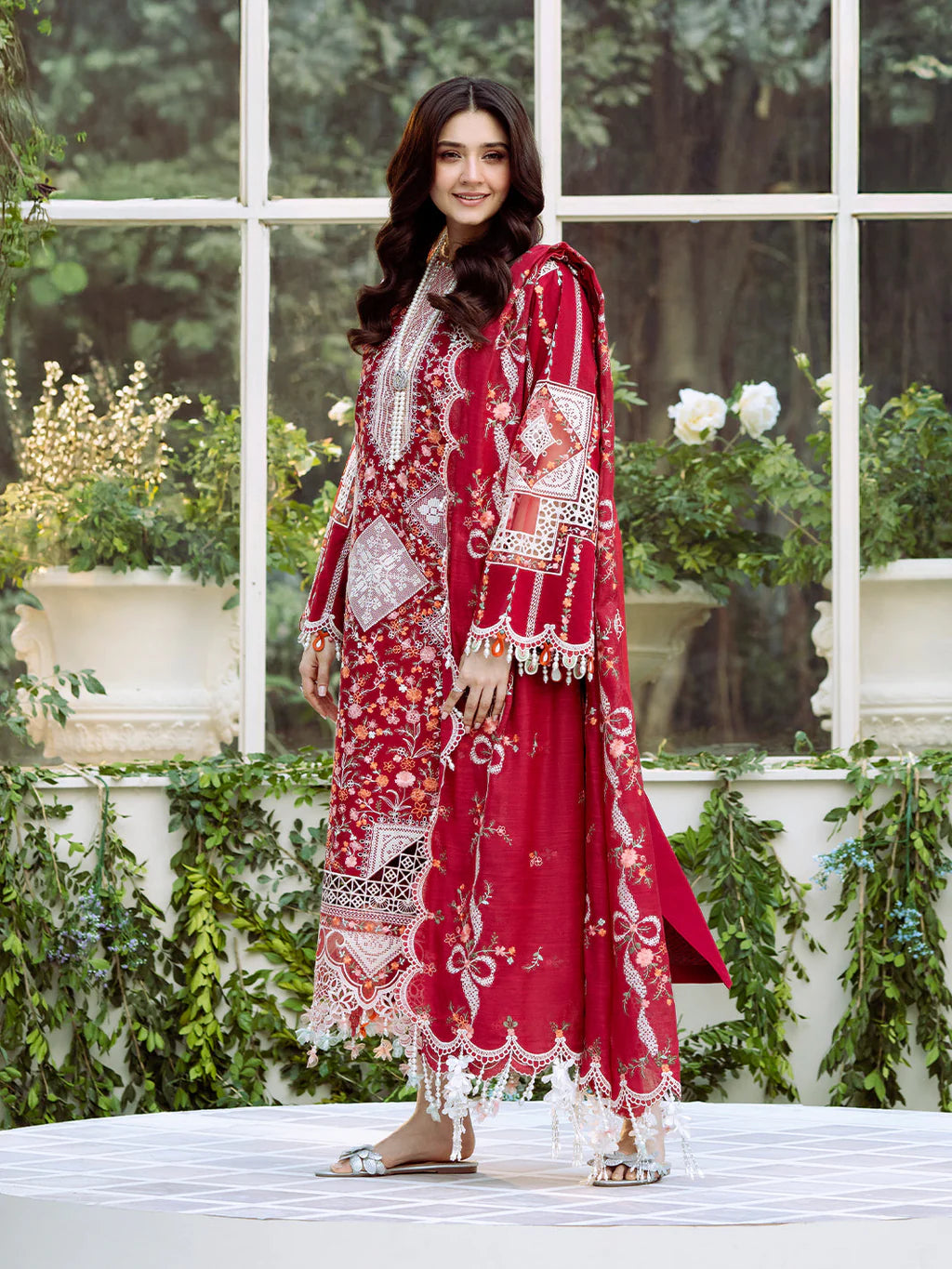 BIN ILYAS-3PC LAWN HEAVY EMBROIDERED SHIRT WITH KHADDI NET EMBROIDERED DUPATTA & LAWN TOUSER-UR-3628