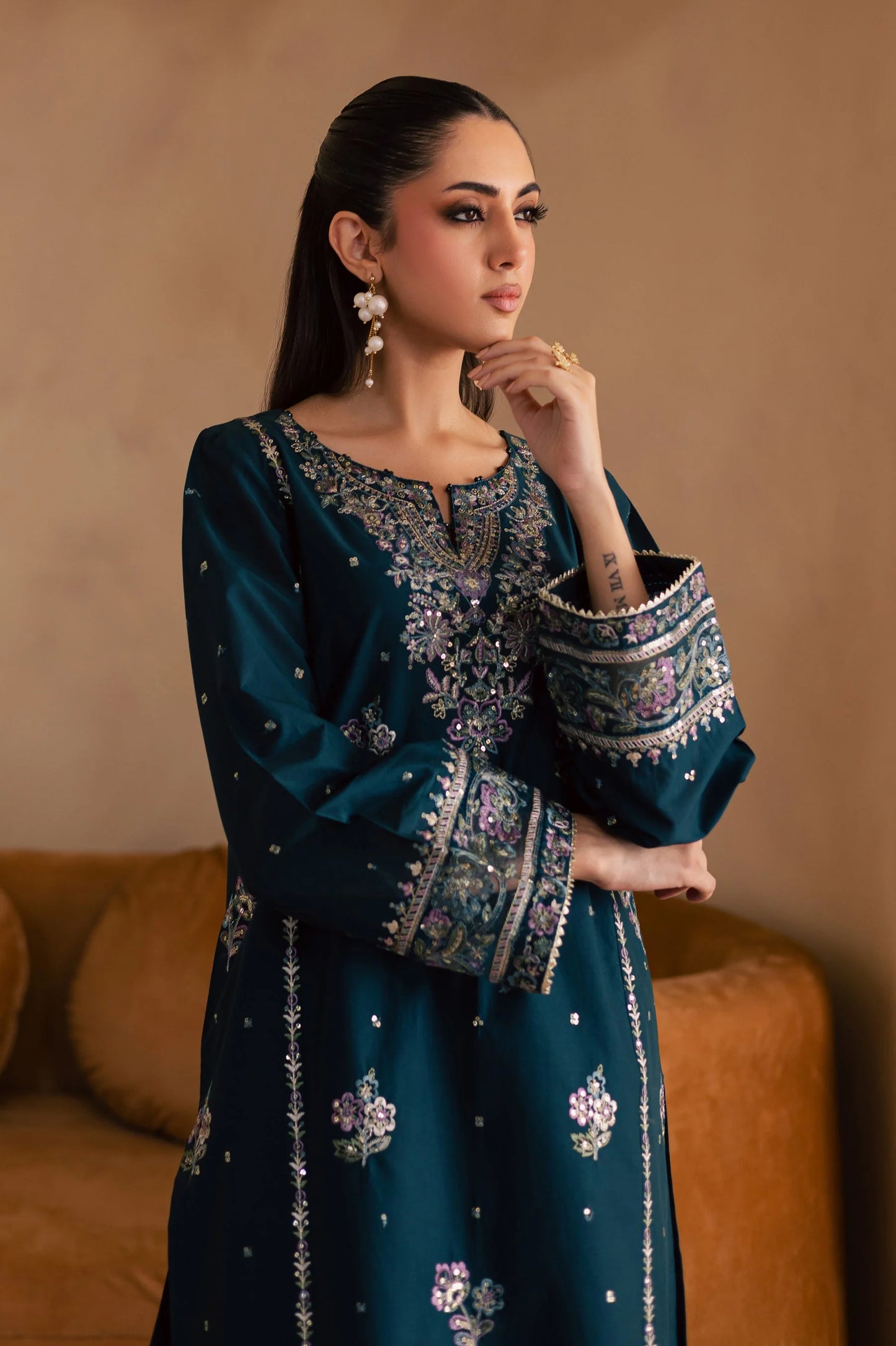 BATIK-2PC DHANAK SEQUIN EMBROIDERED SHIRT & EMBROIDERED TROUSER-UR-4010