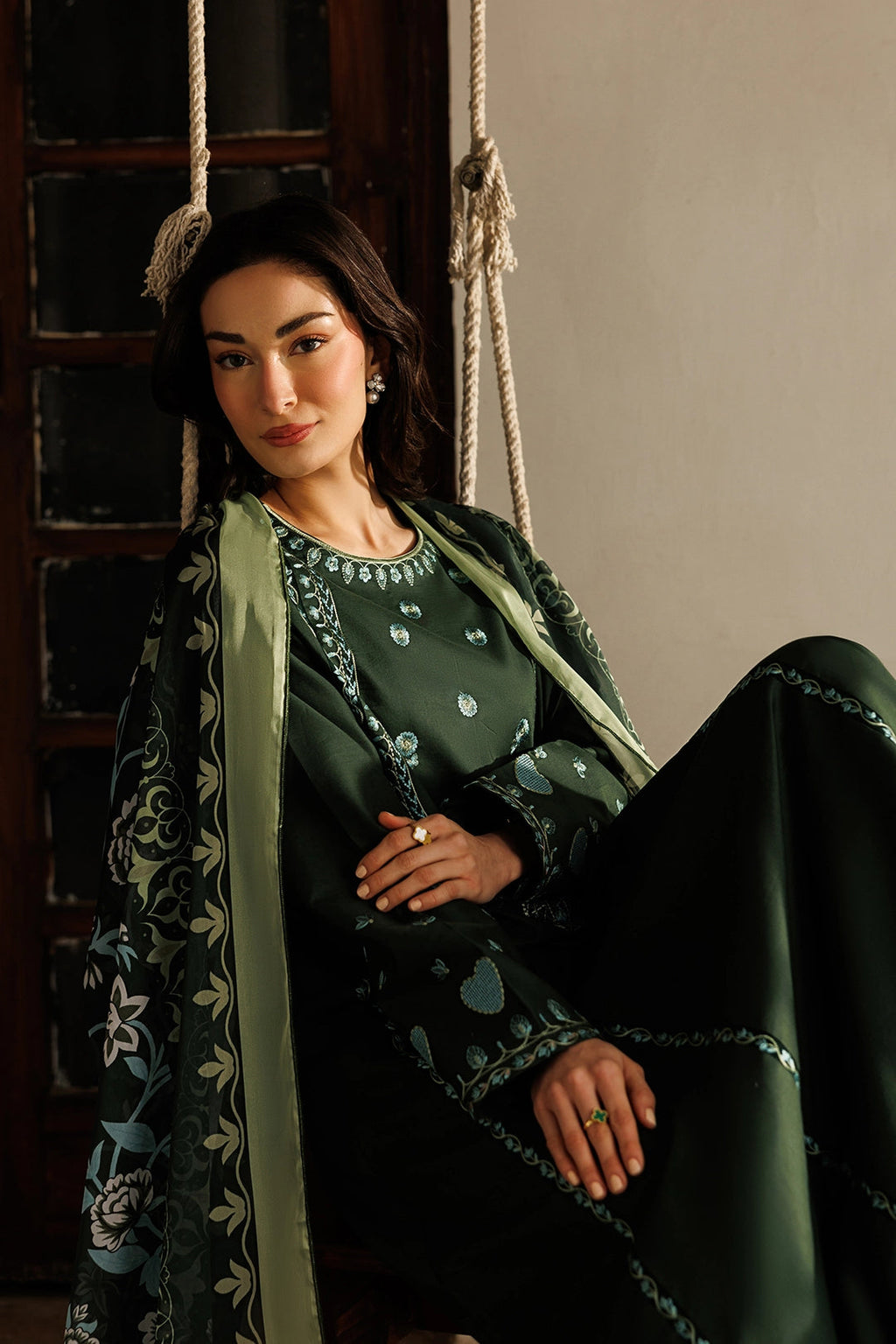 ETHNC-3PC LAWN EMBROIDERED SHIRT WITH SILK PRINTED DUPATTA AND TROUSER-UR-4531