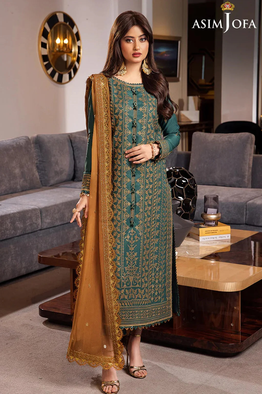 ASIM JOFA-3PC LAWN HEAVY EMBROIDERED SHIRT WITH CHIFFON EMBROIDERED DUPATTA AND TROUSER-UR-3585