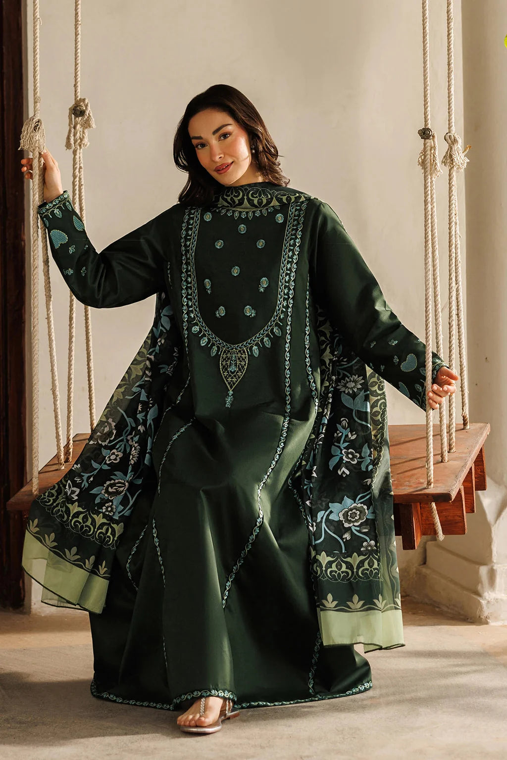 ETHNC-3PC LAWN EMBROIDERED SHIRT WITH SILK PRINTED DUPATTA AND TROUSER-UR-4531