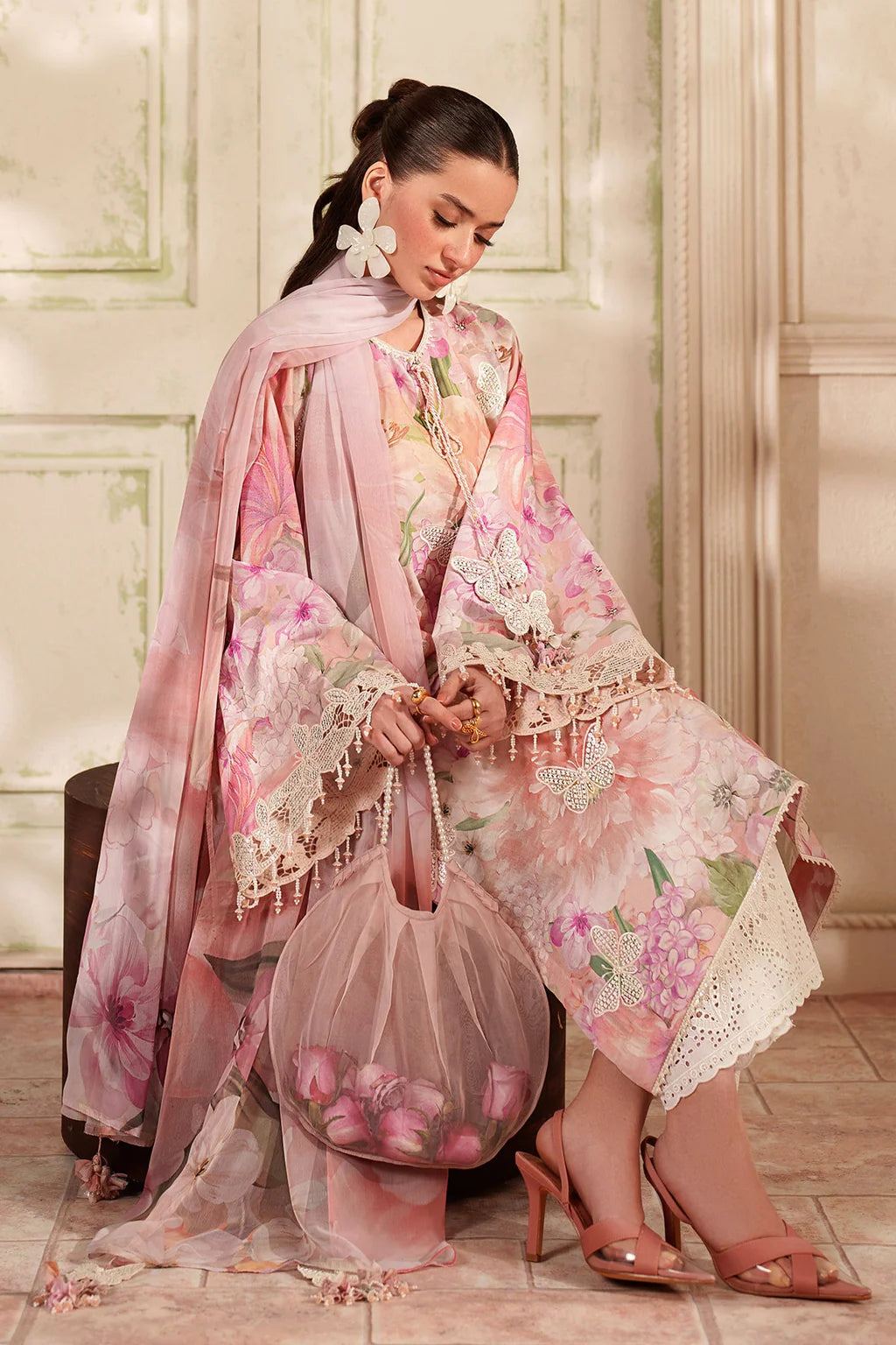 BAROQUE-3PC LAWN DIGITAL PRINTED EMB SHIRT WITH SILK PRINTED DUPATTA AND TROUSER-UR-514