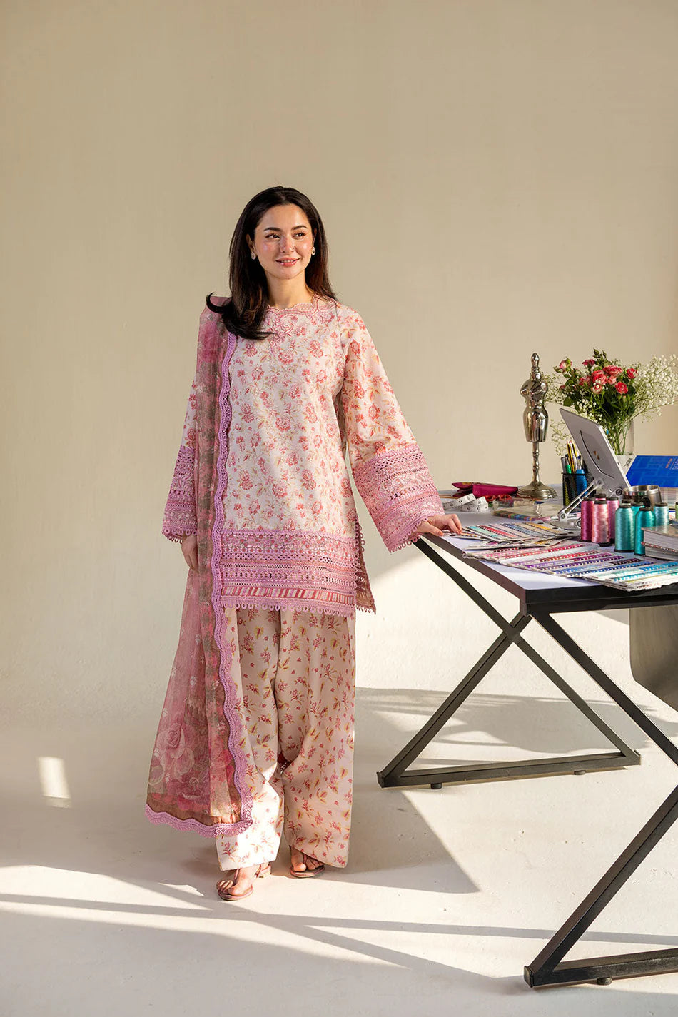 SOBIA NAZIR-3PC LAWN DIGITAL PRINTED EMB SHIRT WITH SILK PRINTED DUPATTA AND PRINTED TROUSER-UR-556