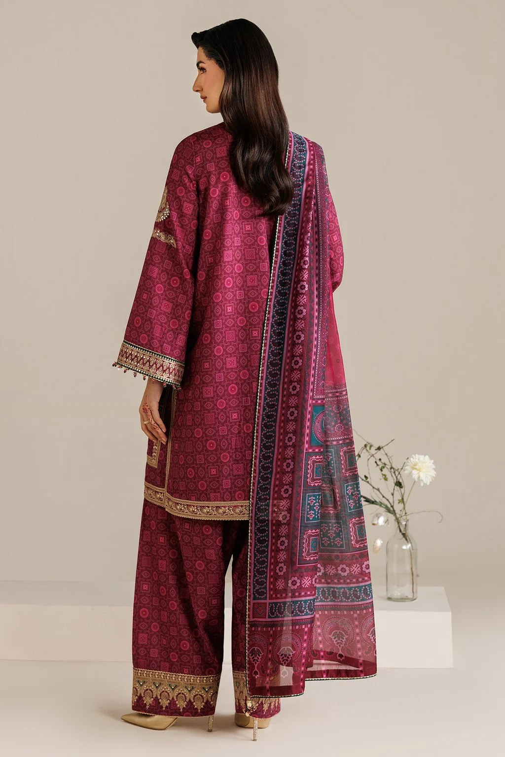 JAZMIN-3PC LAWN PRINTED EMBROIDERED SHIRT WITH BLOSSOM PRINT DUPATTA AND PRINT EMB TROUSER-UR-587
