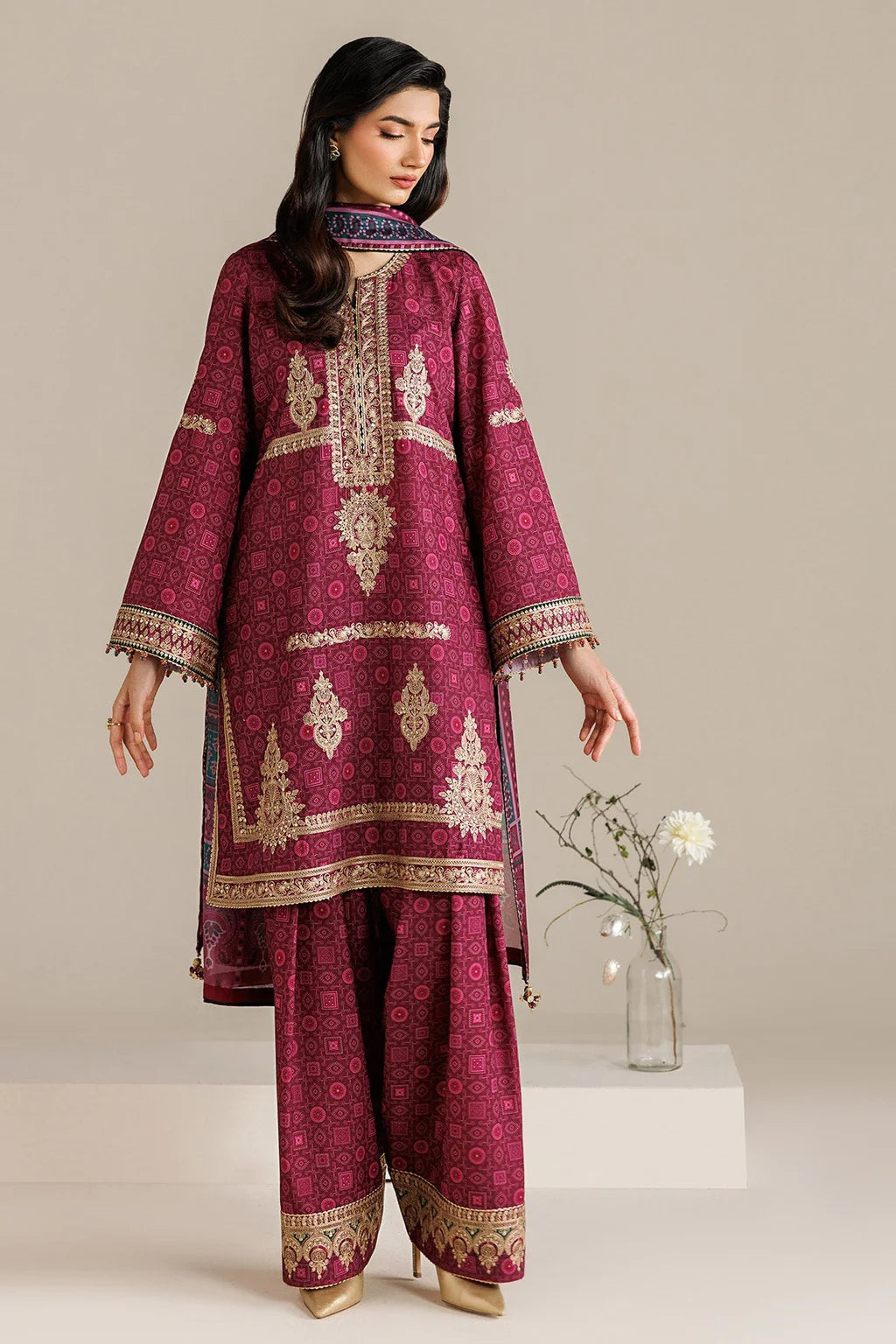 JAZMIN-3PC LAWN PRINTED EMBROIDERED SHIRT WITH BLOSSOM PRINT DUPATTA AND PRINT EMB TROUSER-UR-587