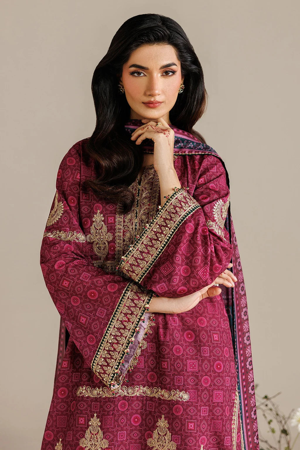 JAZMIN-3PC LAWN PRINTED EMBROIDERED SHIRT WITH BLOSSOM PRINT DUPATTA AND PRINT EMB TROUSER-UR-587