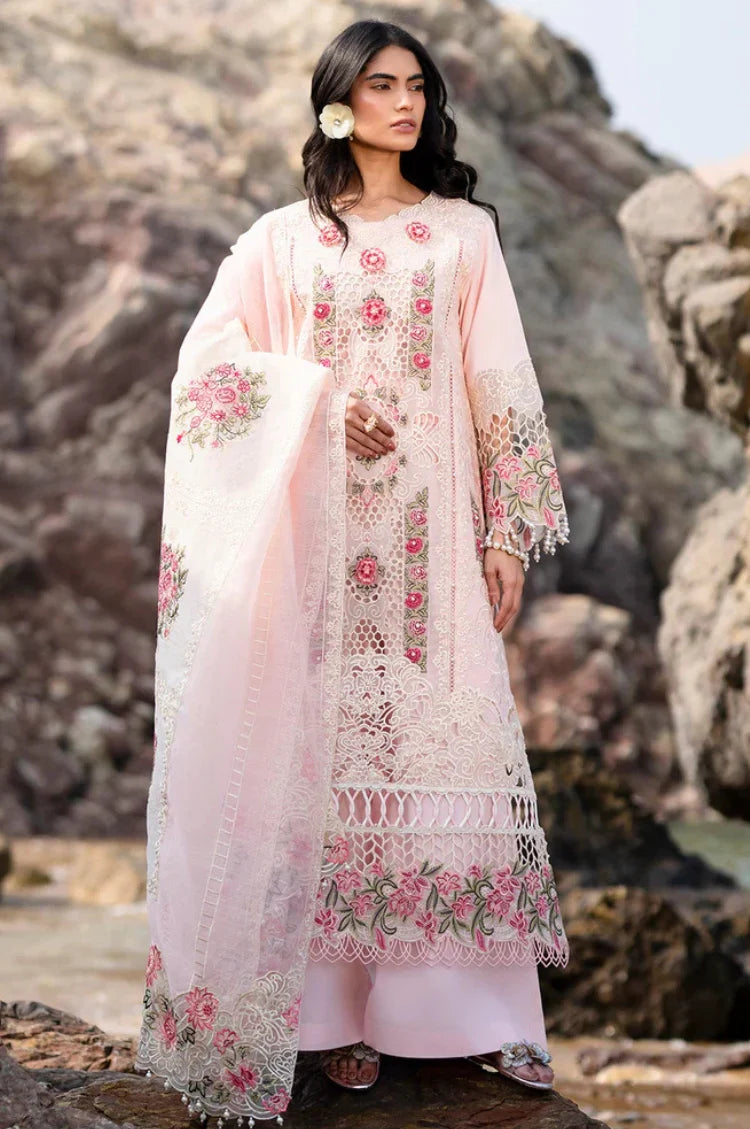 MAHNUR-3PC LAWN LASER WORK EMBROIDERED SHIRT WITH KHAADI NET EMBROIDERED DUPATTA AND TROUSER-UR-