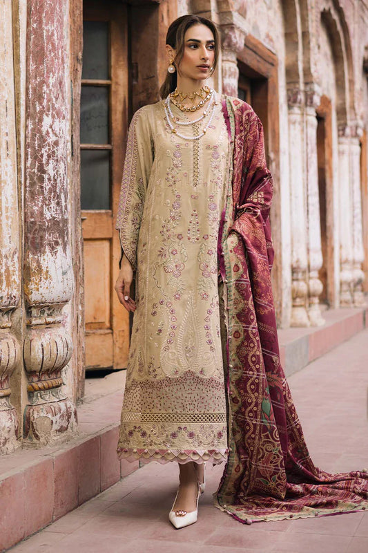 NUREH-3PC DHANAK EMBROIDERED SHIRT WITH COURTRAI PRINTED SHAWL & TROUSER-UR-4589