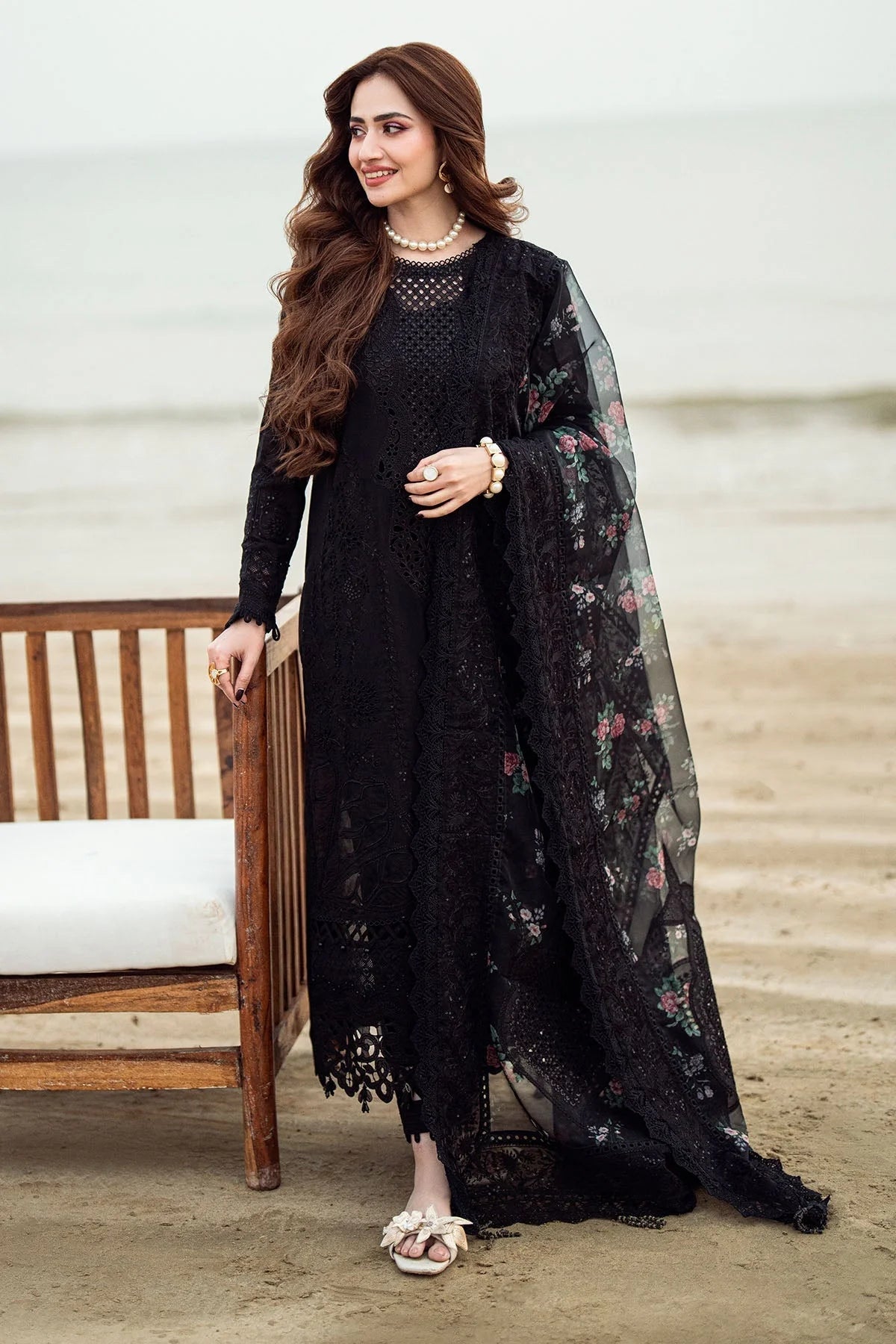 NUREH-3PC LAWN CHIKENKARI LASER EMBROIDERED SHIRT WITH COTTON NET EMBROIDERED PRINT DUPATTA-3520