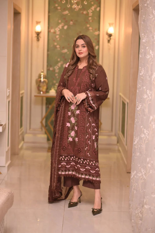 ANEELAS-3PC LAWN CHIKAN EMBROIDERED SHIRT WITH LAWN EMB DUPATTA AND TROUSERUR-UR-4567