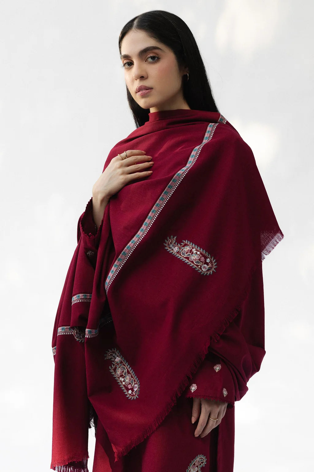 ZARA SHAHJAHAN-3PC DHANAK EMBROIDERED SHIRT WITH DHANAK EMBROIDERED SHAWL AND TROUSER-UR-4625