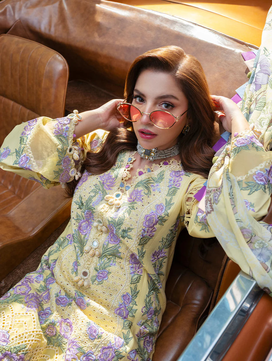 JADE-3PC LAWN CHIKENKARI EMBROIDERED SHIRT WITH CHIFFOON PRINT DUPATTA AND TROUSER-UR-3625