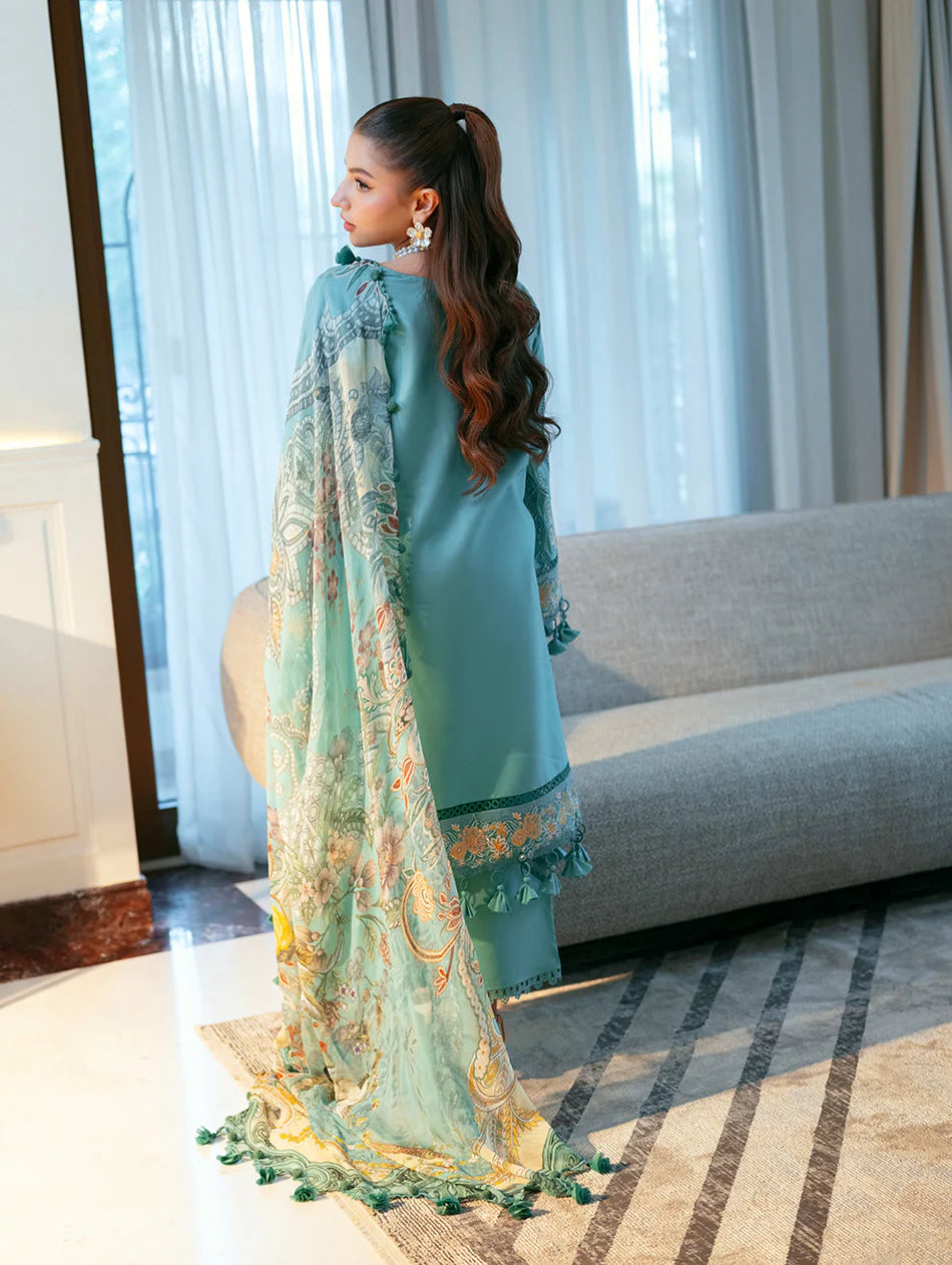 JADE-3PC LAWN CHIKANKAARI EMBROIDERED SHIRT WITH CHIFFON PRINTED DUPATTA AND TROUSER-UR-4587