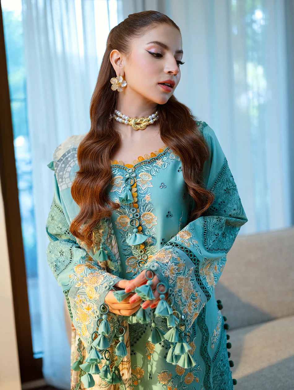 JADE-3PC LAWN CHIKANKAARI EMBROIDERED SHIRT WITH CHIFFON PRINTED DUPATTA AND TROUSER-UR-4587