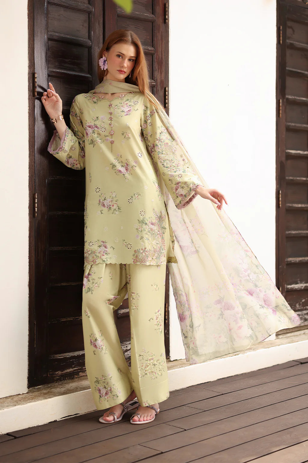 IZNIK-3PC LAWN PRINTED EMB SHIRT WITH SILK PRINTED DUPATTA AND TROUSER-UR-507