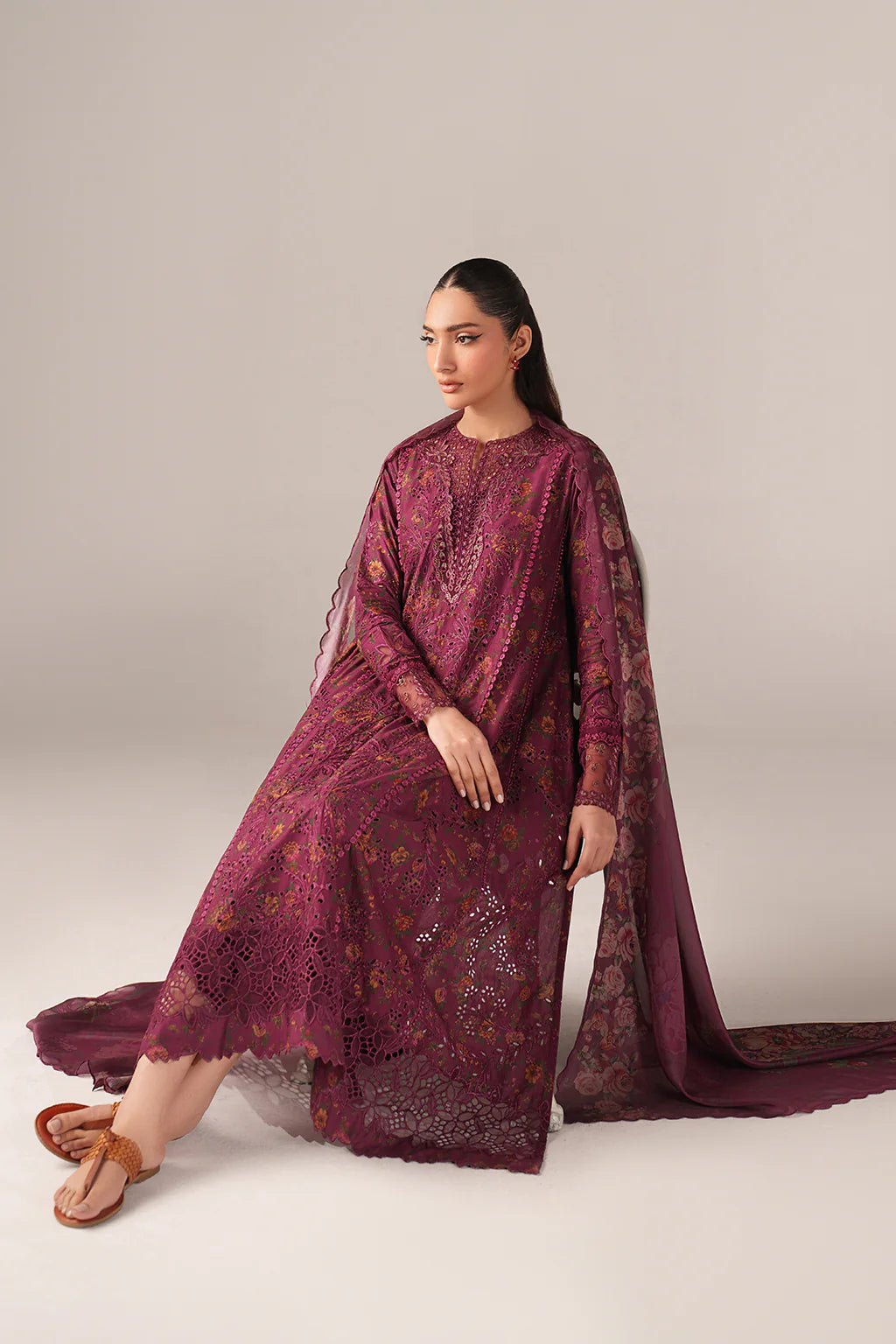 IZNIK-3PC LAWN PRINTED CHIKAN EMB FROCK WITH SILK PRINTED DUPATTA AND TROUSER-UR-547