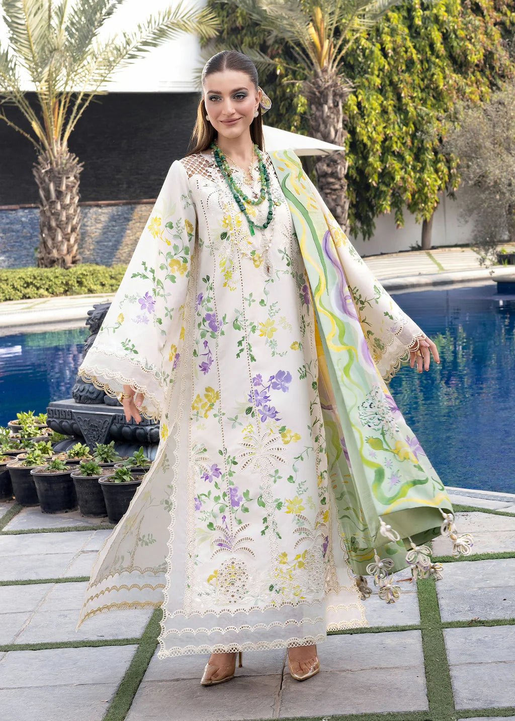 CRIMSON-3PC LAWN DIGITAL PRINTED CHIKANKARI EMB SHIRT WITH SILK PRINTED DUPATTA AND PRINTED TROUSER-UR-4590