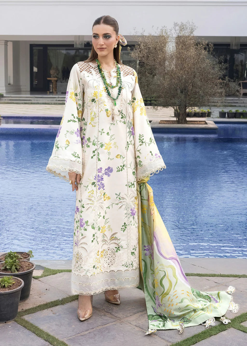 CRIMSON-3PC LAWN DIGITAL PRINTED CHIKANKARI EMB SHIRT WITH SILK PRINTED DUPATTA AND PRINTED TROUSER-UR-4590
