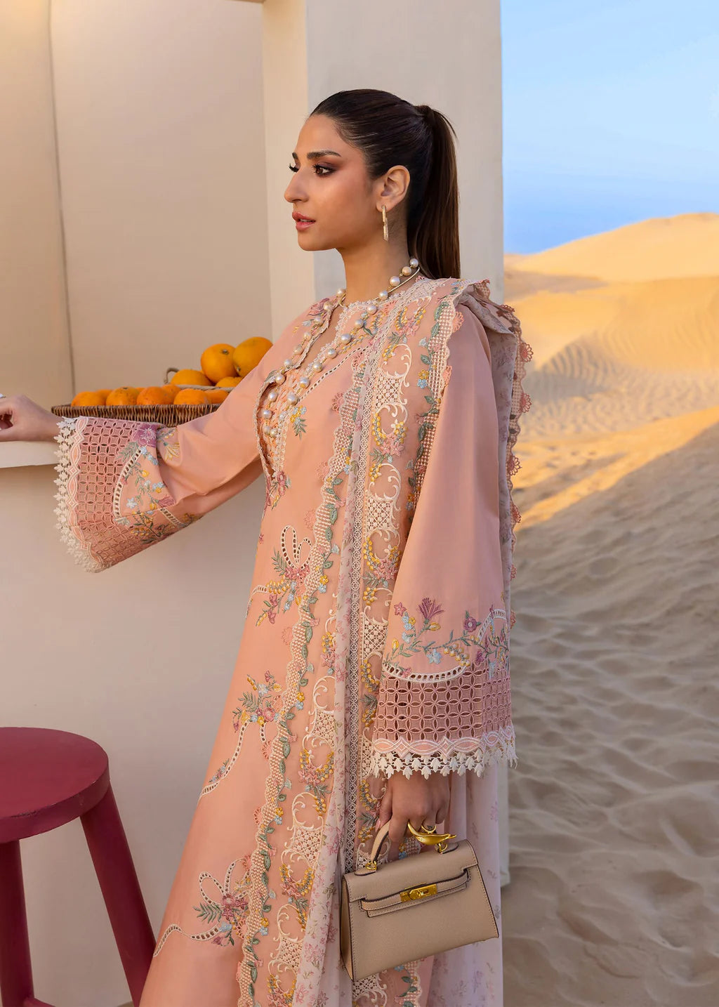CRIMSON-3PC LAWN CHIKAANKARI EMBROIDERED SHIRT WITH CHIFOON PRINTED EMB DUPATTA AND EMB TROUSER-UR-3613