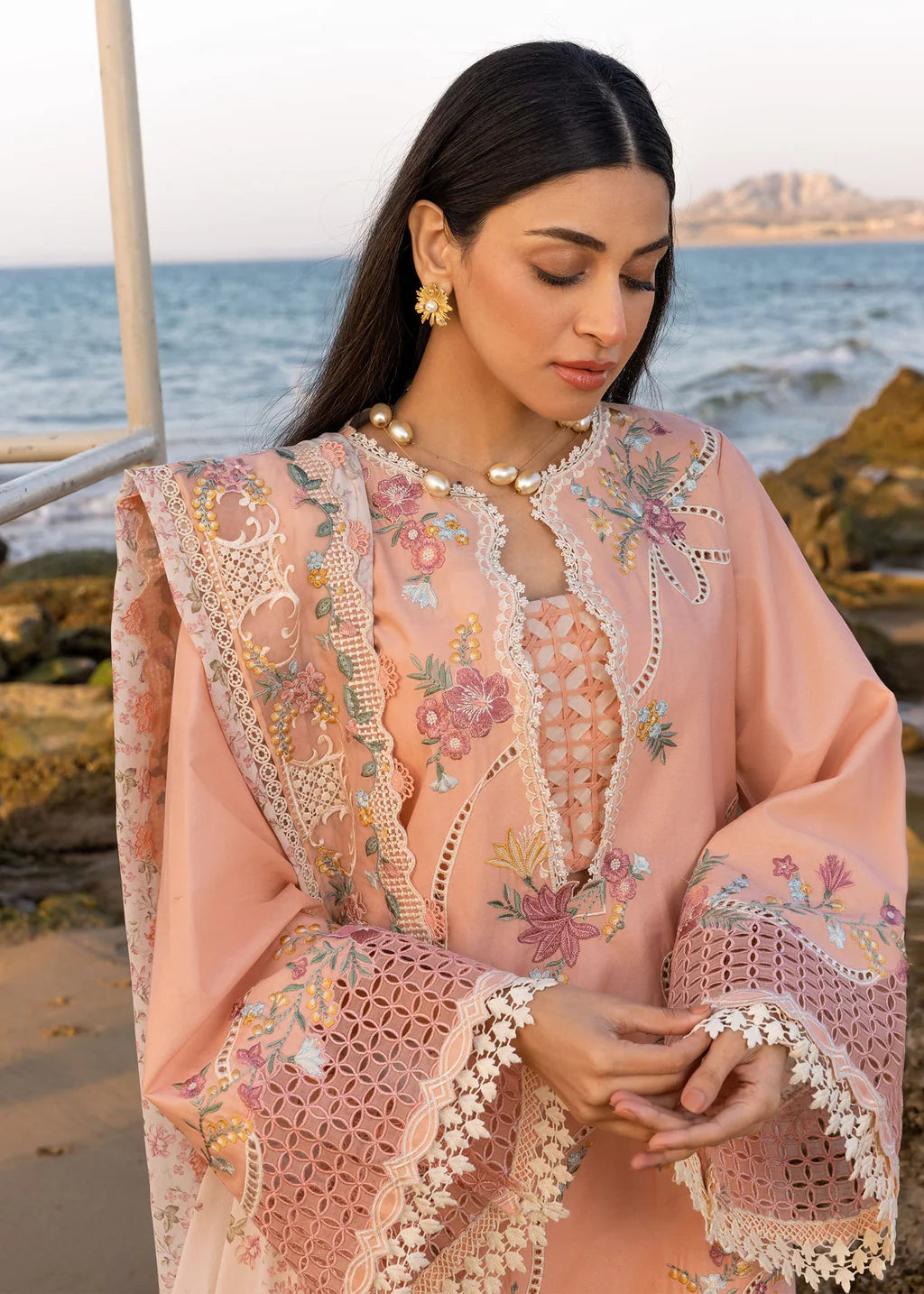 CRIMSON-3PC LAWN CHIKAANKARI EMBROIDERED SHIRT WITH CHIFOON PRINTED EMB DUPATTA AND EMB TROUSER-UR-3613