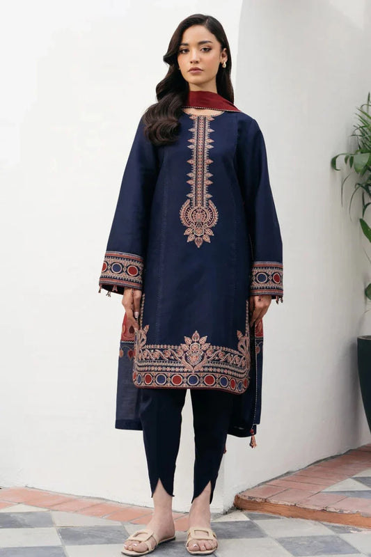 JAZMIN-3PC DHANAK EMBROIDERED SHIRT WITH COURTRAI PRINTED SHAWL AND TROUSER-UR-4161