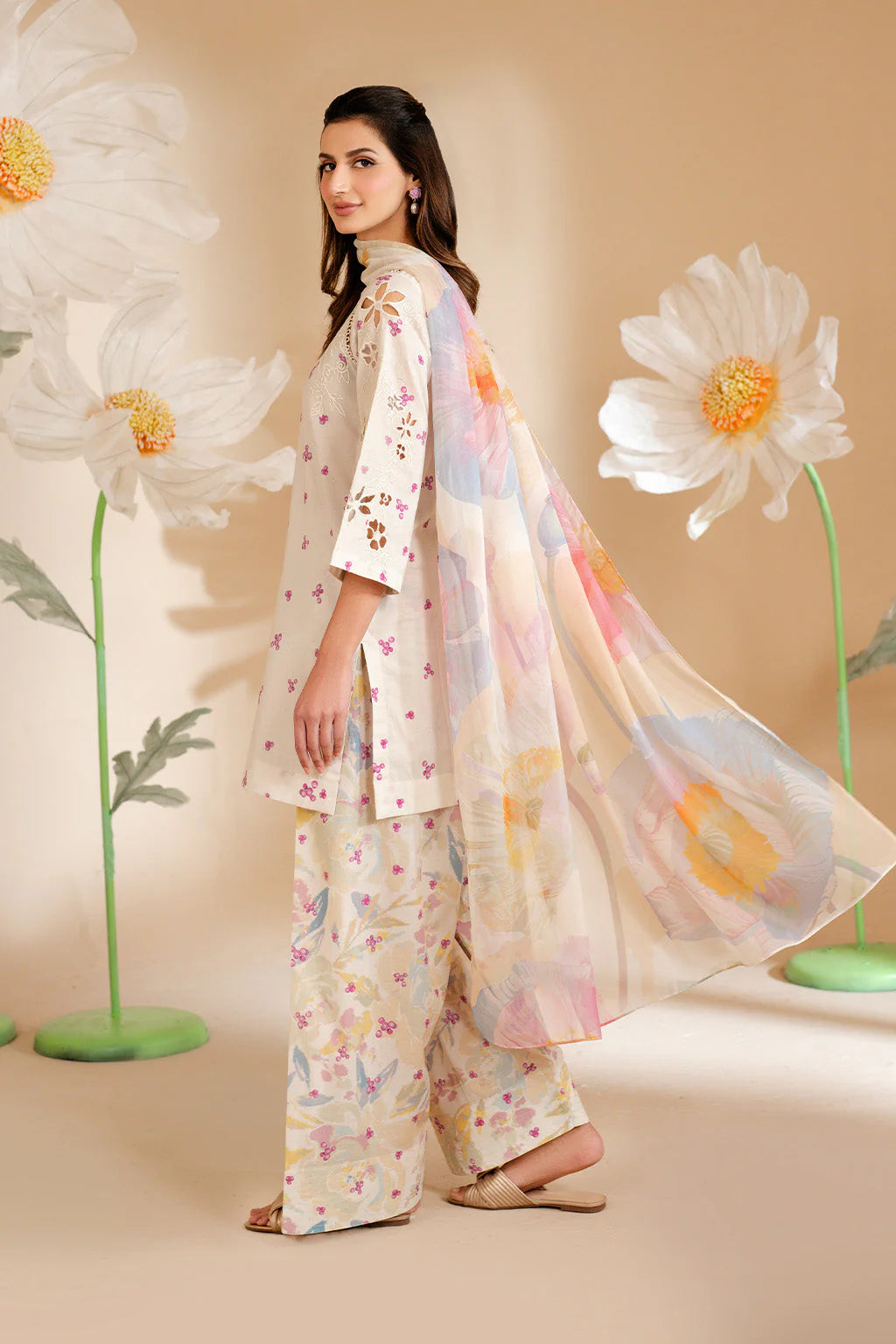 IZNIK-3PC LAWN PRINTED EMB SHIRT WITH SILK PRINTED DUPATTA AND PRINTED TROUSER-UR-523