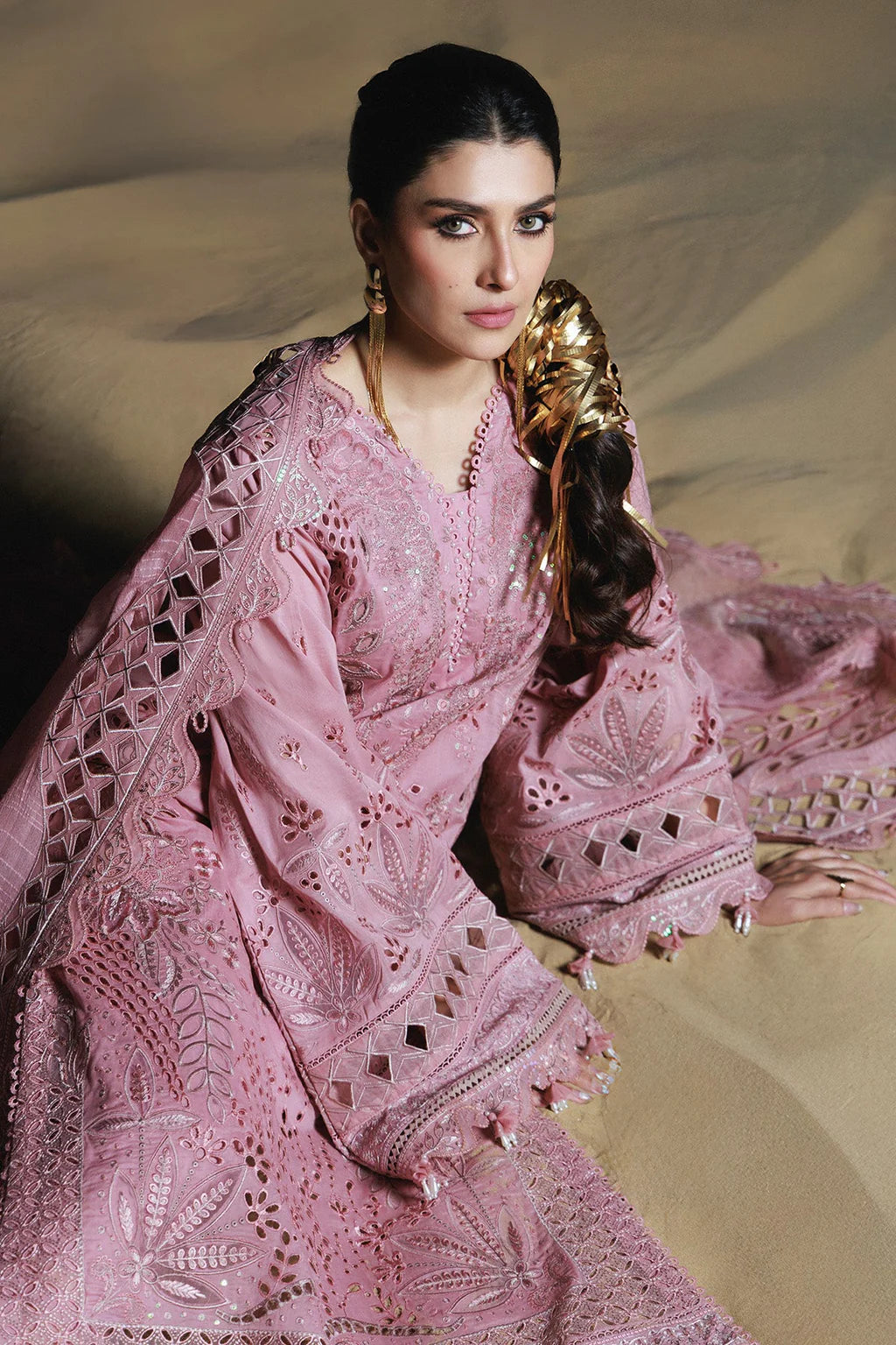 NUREH-3PC LAWN SEQUIN CHIKANKAARI EMBROIDERED SHIRT WITH KHADDI NET EMBROIDERED DUPATTA AND TROUSER-UR-3756