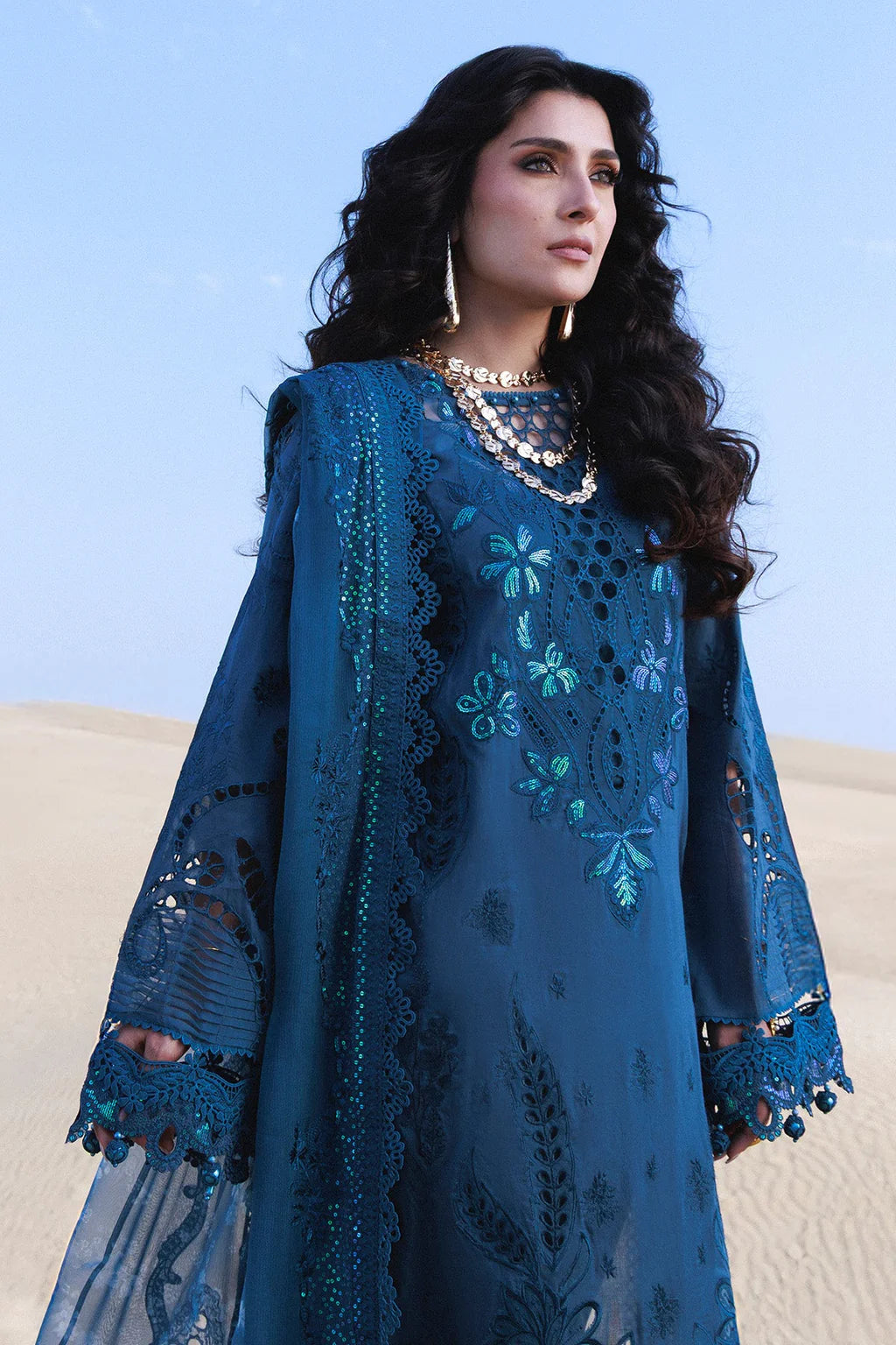 NUREH-3PC LAWN LASERWORK EMBROIDERED SHIRT WITH CHIFFON PRINTED EMB DUPATTA AND TROUSER-UR-3792