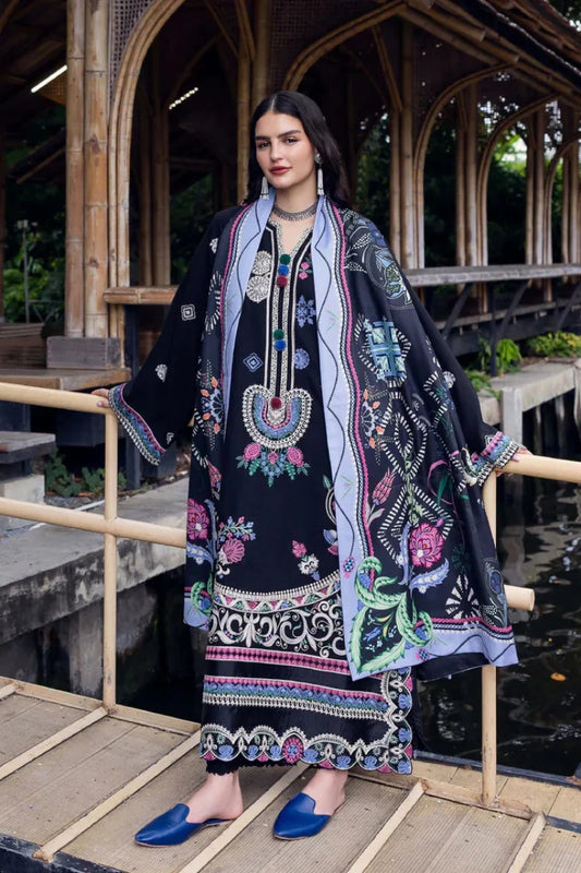 MUSHQ-3PC DHANAK EMBROIDERED SHIRT WITH COURTRAI WOOL PRINT SHAWL AND TROUSER-UR-4590