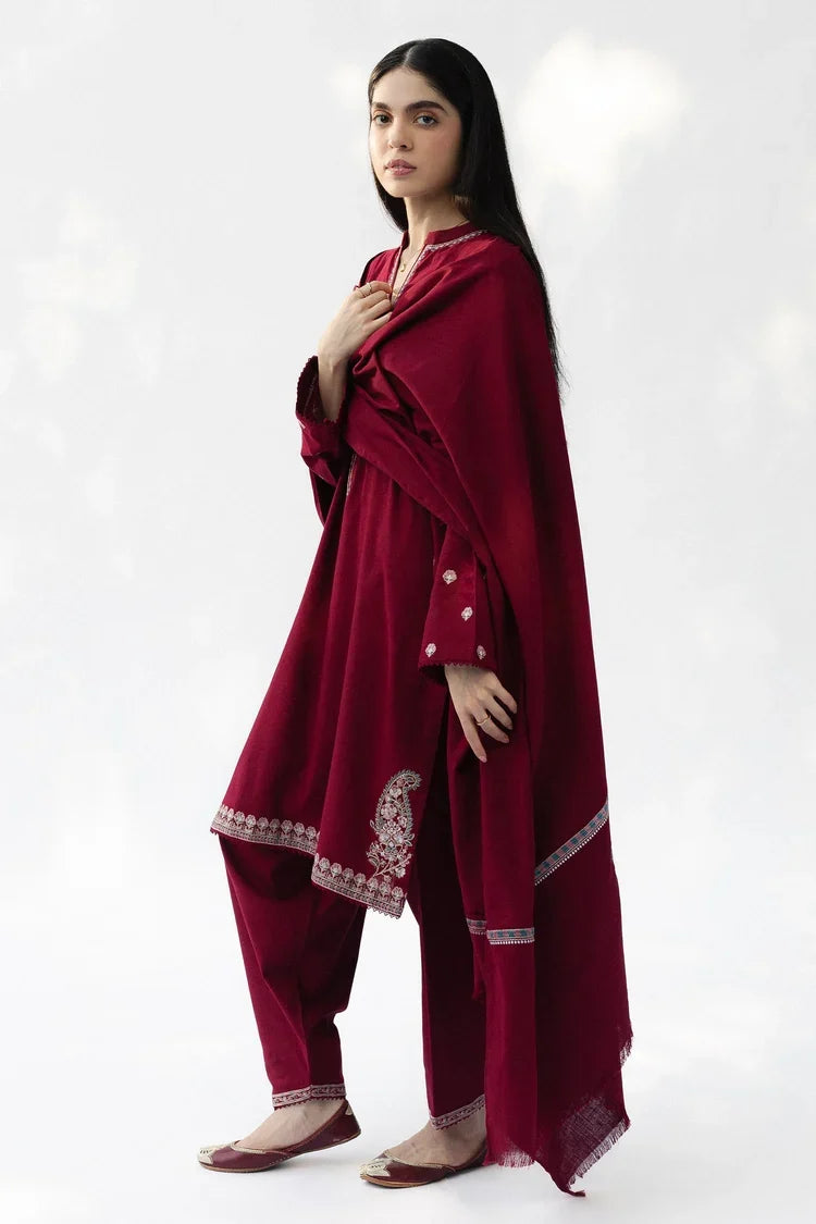 ZARA SHAHJAHAN-3PC DHANAK EMBROIDERED SHIRT WITH DHANAK EMBROIDERED SHAWL AND TROUSER-UR-4625