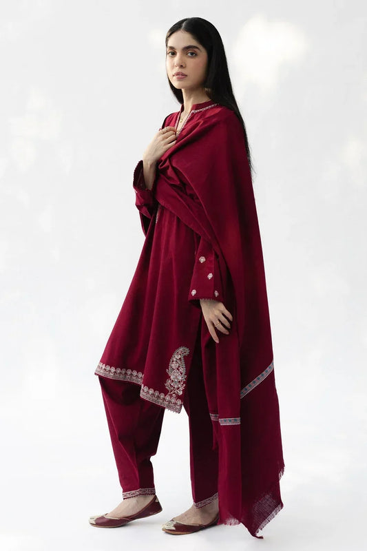 ZARA SHAHJAHAN-3PC DHANAK EMBROIDERED SHIRT WITH DHANAK EMBROIDERED SHAWL AND TROUSER-UR-4625