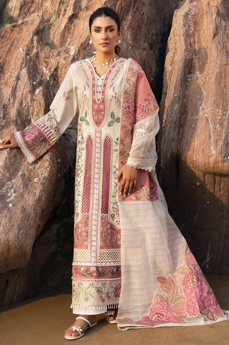 MAHNUR-3PC LAWN CHIKAN HEAVY EMBROIDERED SHIRT WITH KHADDI NET EMBROIDERED DUPATTA AND TROUSER-UR-4271